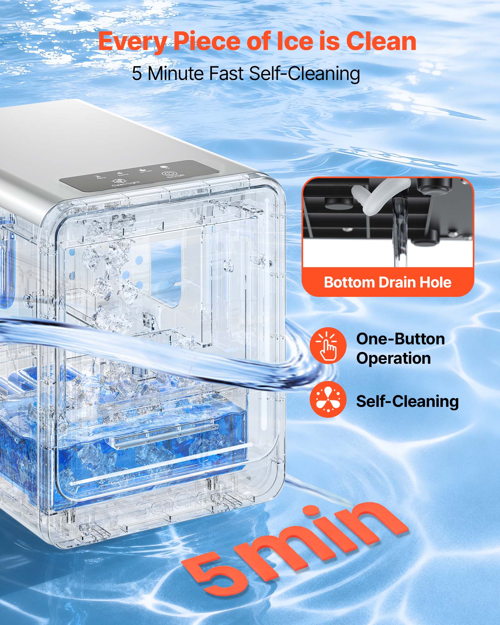 Every Piece of Ice is Clean  
5 Minute Fast Self-Cleaning  
Bottom Drain Hole  
One-Button Operation  
Self-Cleaning
