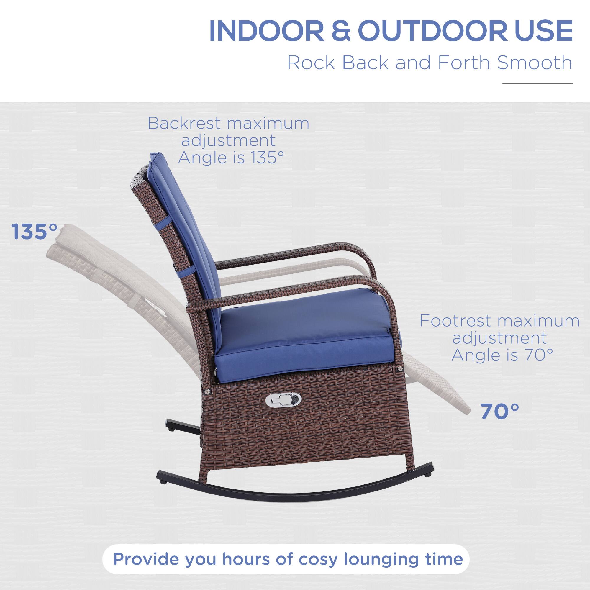INDOOR & OUTDOOR USE  
Rock Back and Forth Smooth  

Backrest maximum adjustment Angle is 135°  

Footrest maximum adjustment Angle is 70°  

Provide you hours of cosy lounging time
