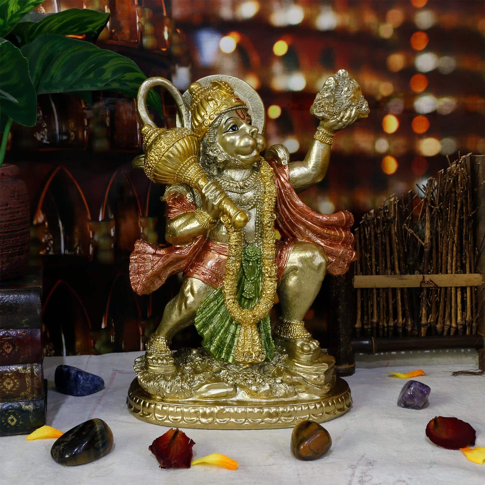 Hanke - Hindu God Flying Hanuman Statue - Lord Finish Carrying Bearing Mountain Idol Murti Pooja Sculpture India