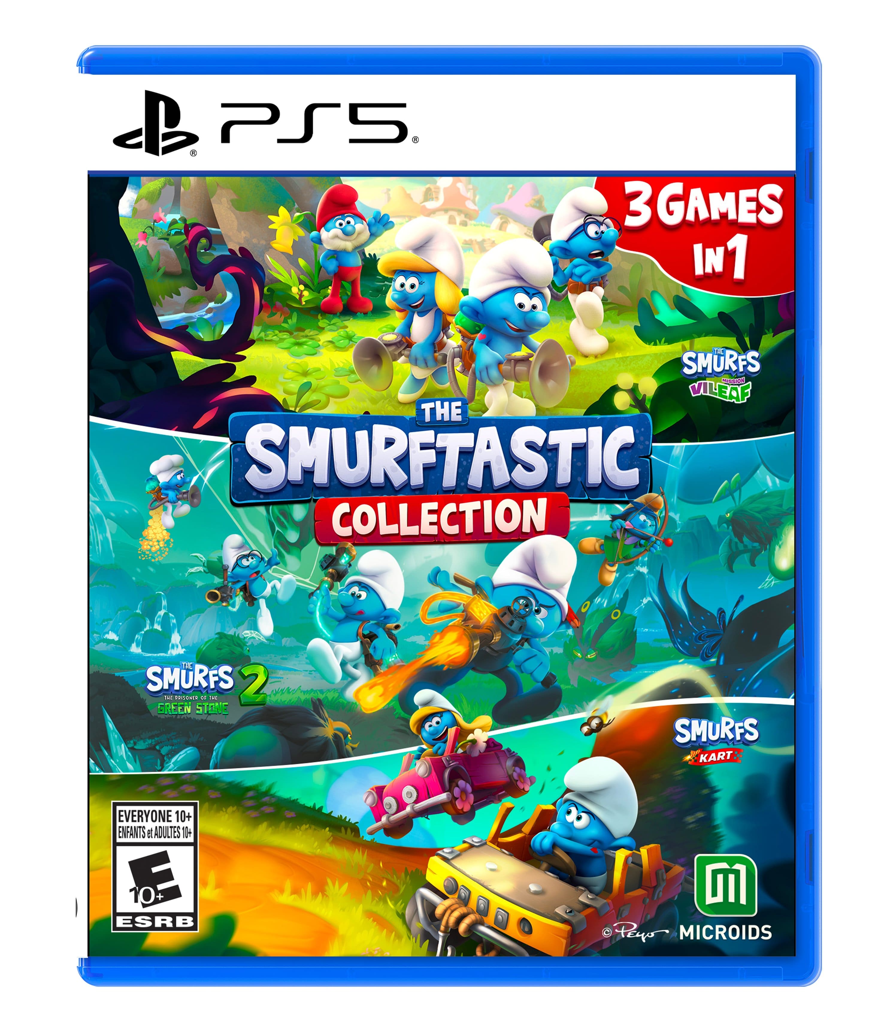 PS5 3 GAMES IN 1: The SmurfTASTIC Collection - Smurfs 1 & 2, Green Stone, Smurfs Kart. For everyone 10+. ESRB Rating: E. Developed by Microïds.