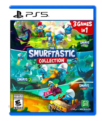 PS5 3 GAMES IN 1: The SmurfTASTIC Collection - Smurfs 1 & 2, Green Stone, Smurfs Kart. For everyone 10+. ESRB Rating: E. Developed by Microïds. - E10+ (Everyone 10+)