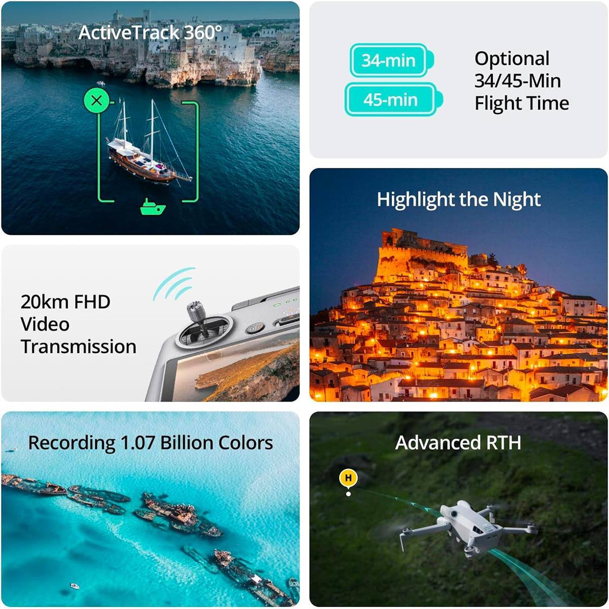 ActiveTrack 360°  
34-min / 45-min Optional Flight Time  
20km FHD Video Transmission  
Recording 1.07 Billion Colors  
Highlight the Night  
Advanced RTH