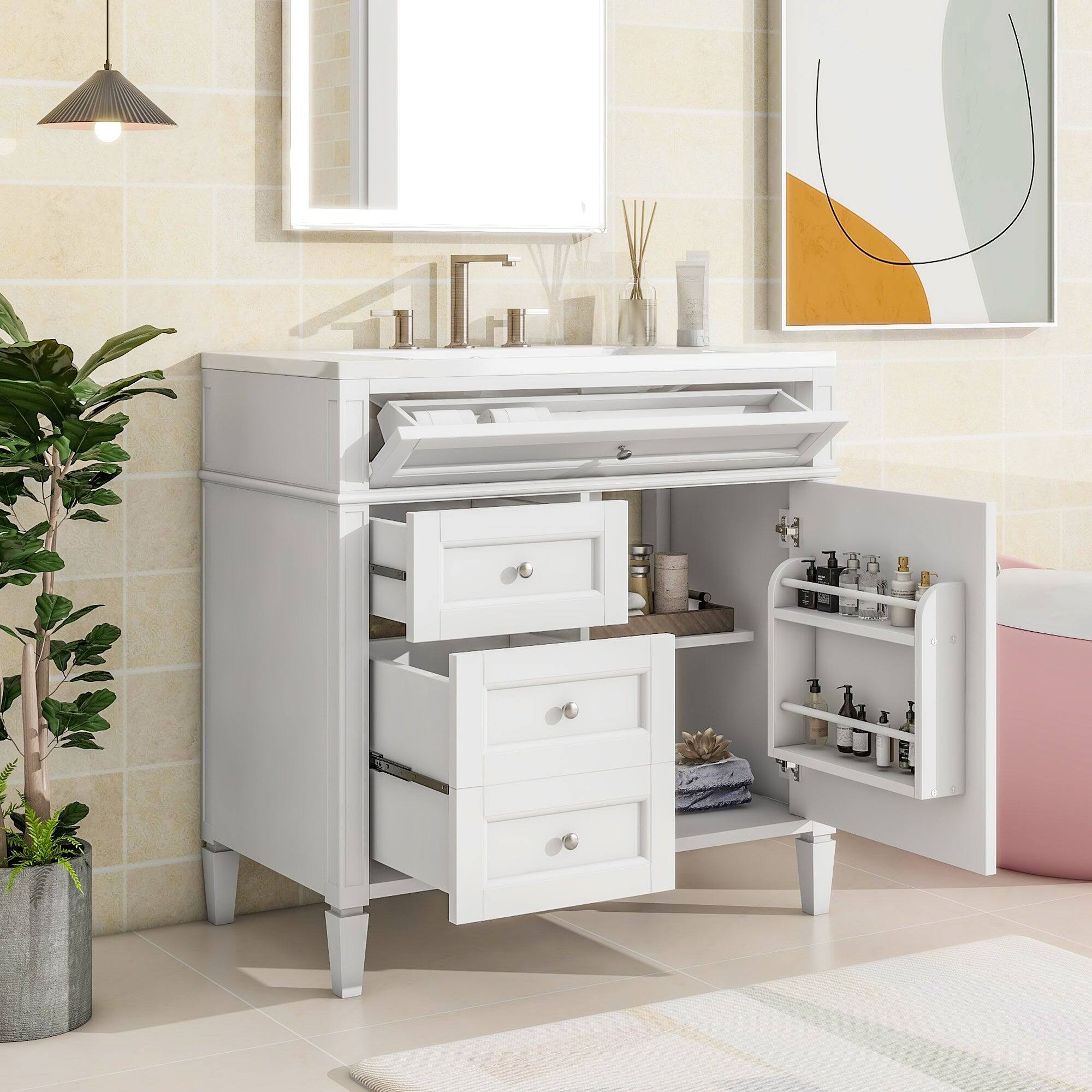 Alt View 2. Boyel Living - 36 Inch Modern Bathroom Vanity with Ceramic Sink Three Drawers White - White.