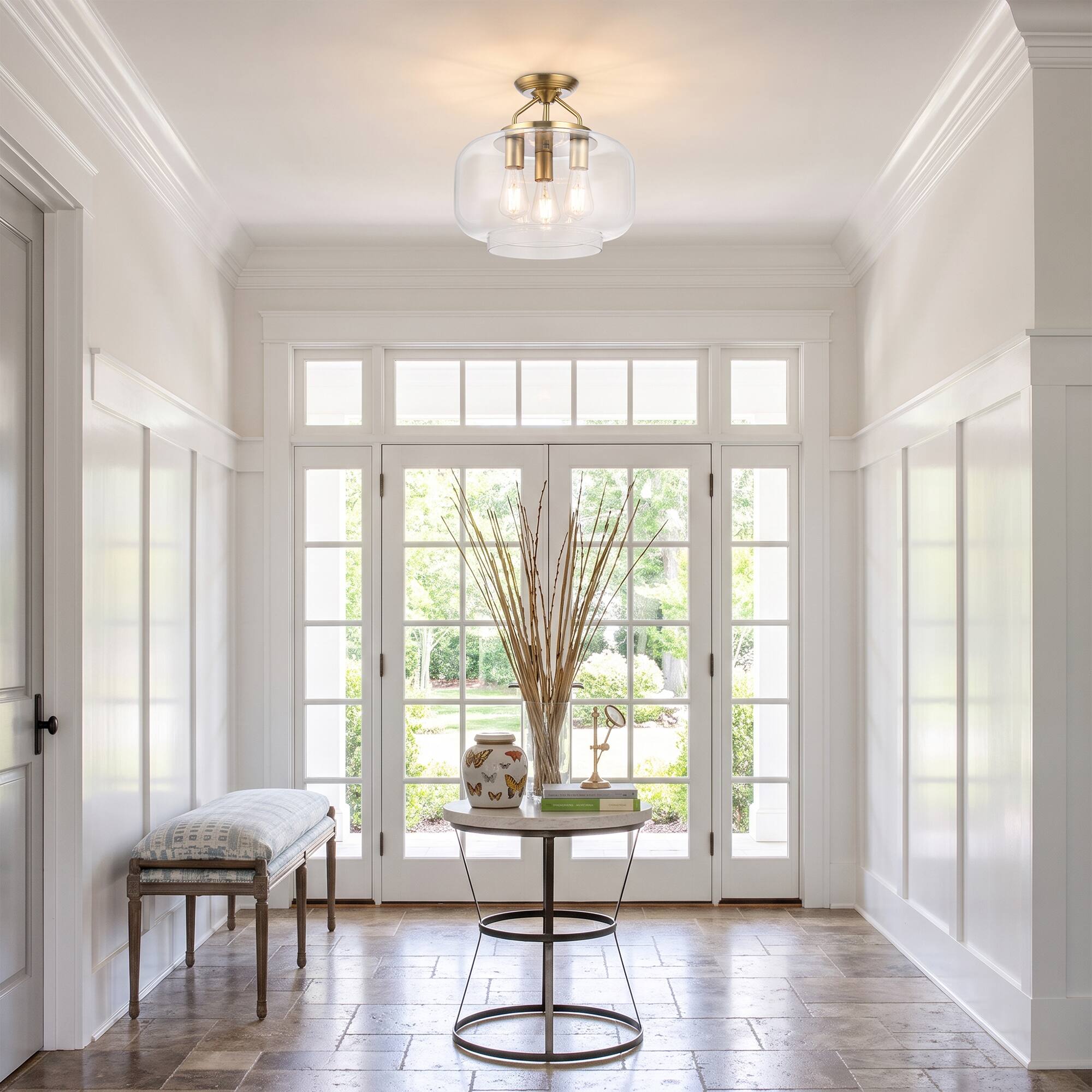 Left. Parrot Uncle - 15 Inch Modern Clear Glass 3 Light Semi Flush Mount Ceiling Light for Hallway, Kitchen, Bedroom - Clear.