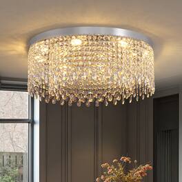 Siljoy - 24 Inch Round Flush Mount Crystal Ceiling Light, Luxury Raindrop Crystal Chandelier for Living Room Bedroom - Gold