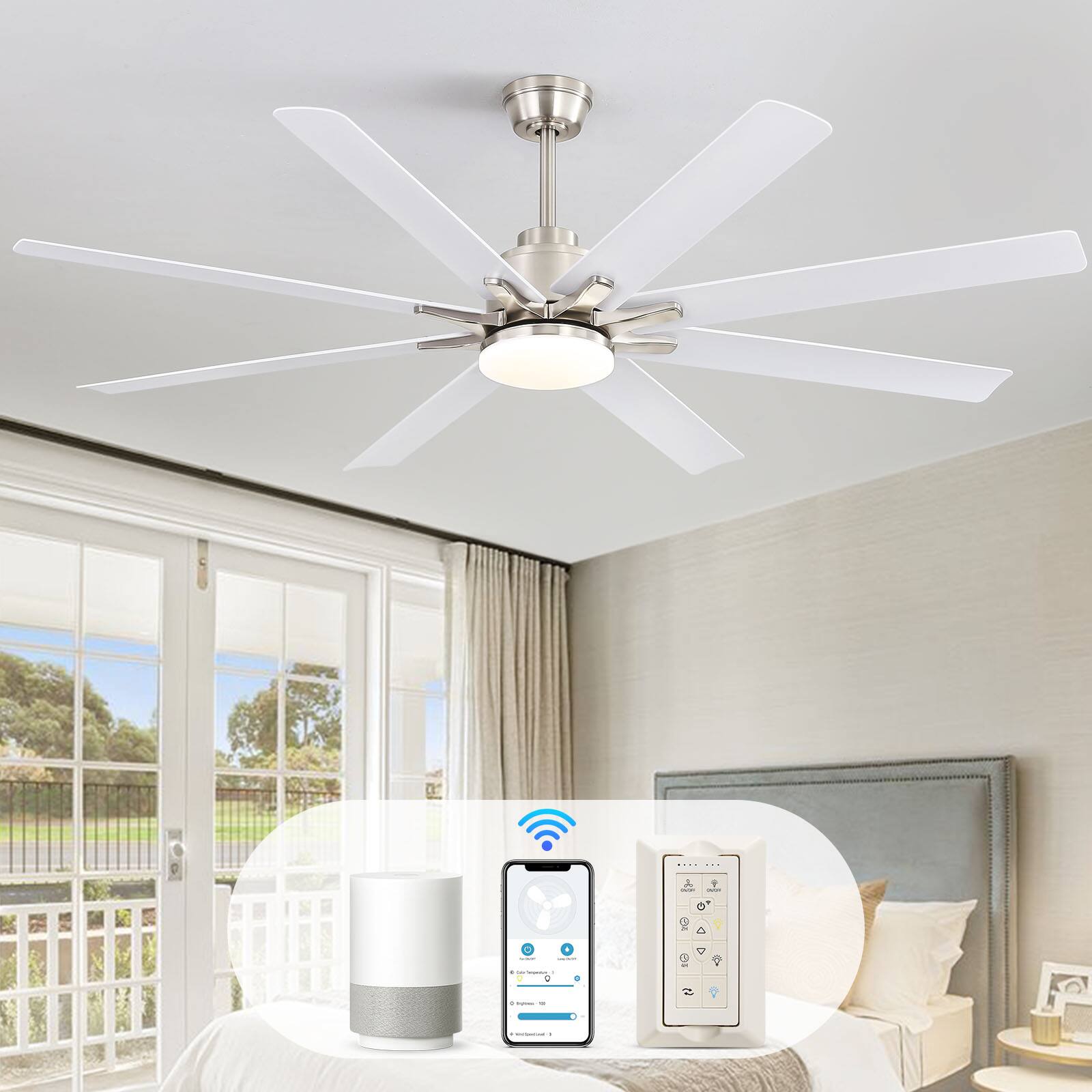 Angle. Sofucor - 52''/66'' Smart Ceiling Fan with Light Alexa/Google App/Remote Control Industrial Ceiling Fan for Patios Shop Commercial - 66 Inch - Nickel White.