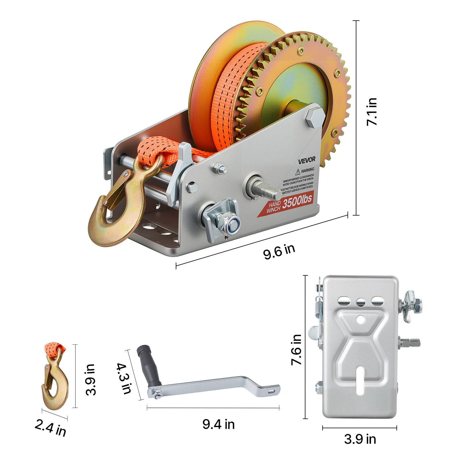7.1in VEVOR A WNIN SE - i SR HAND 3500lbs WINCH  
9.6 in  
2.4 in  
3.9in  
4.3in  
9.4 in  
7.6 in  
3.9 in