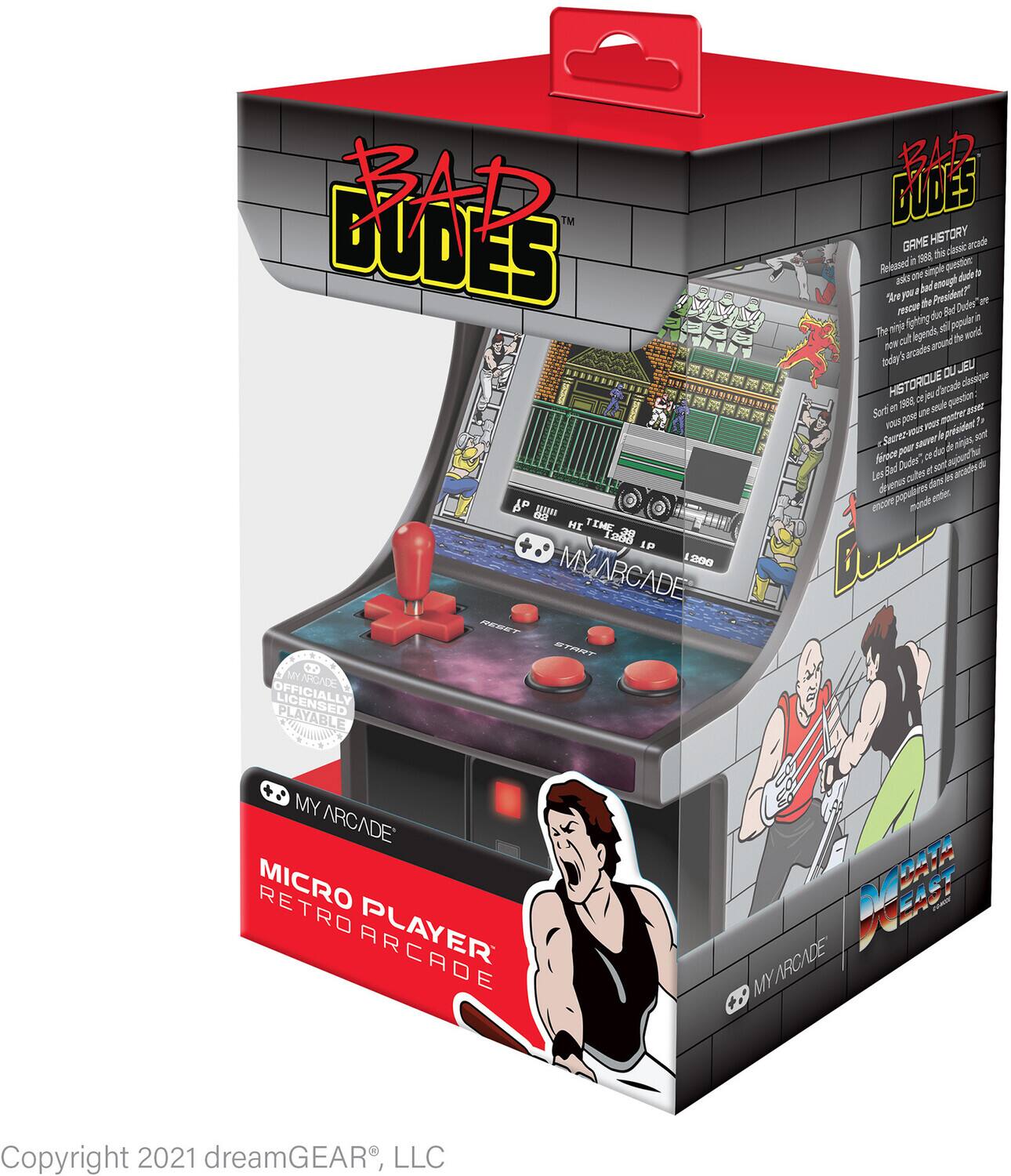 **Bad Dudes 2**

**Game History:**
Released in 1989, "Bad Dudes" was a simple arcade fighting game that became a cult classic. The game's popularity grew as it was released on home consoles and became a staple in arcades around the world. Today, it's still a popular game among retro gamers.

**Histoire du Jeu:**
Sorti en 1989, "Bad Dudes" est un jeu de combat simple mais culte qui a connu un succès retentissant dans les salles d'arcade. Le jeu a été adapté pour les consoles de salon et est devenu un classique parmi les jeux de combat. Aujourd'hui, il reste un jeu populaire parmi les amateurs de jeux rétro.

**My Arcade Micro Player Retro Arcade**

**Official Licensed Playable**

**Copyright 2021 dreamGEAR, LLC**