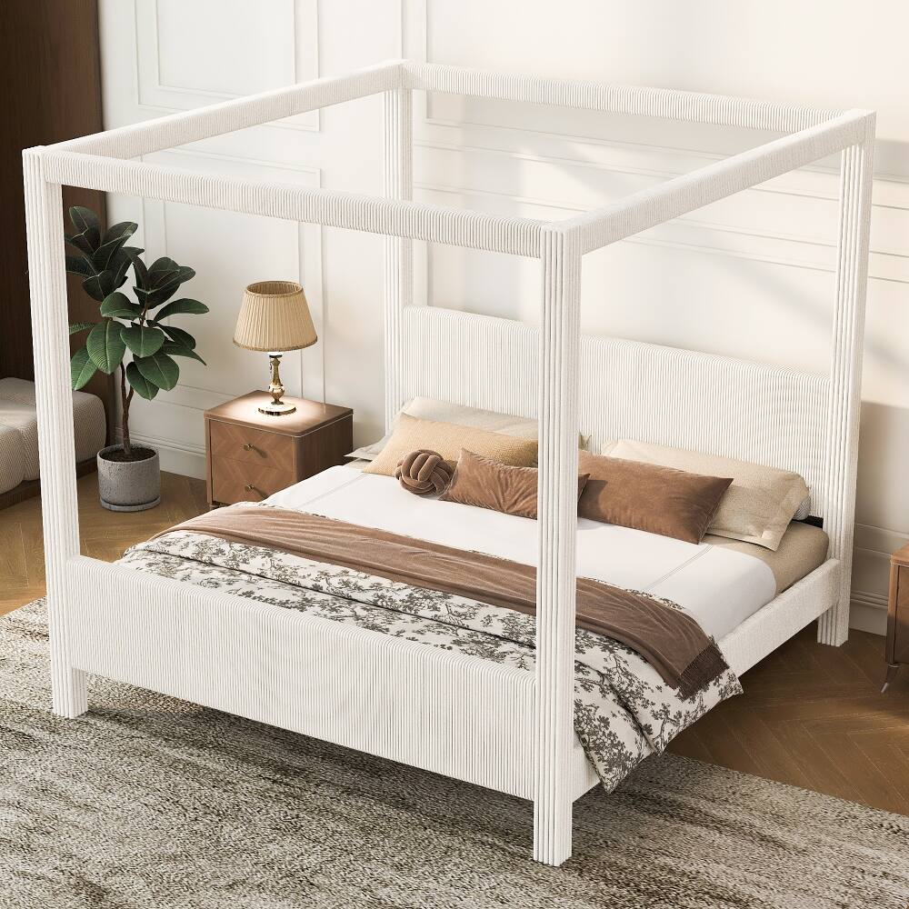 Left. Loheer - Loheer King Size Canopy Bed Upholstered Platform Bed Corduroy Beige - Beige.