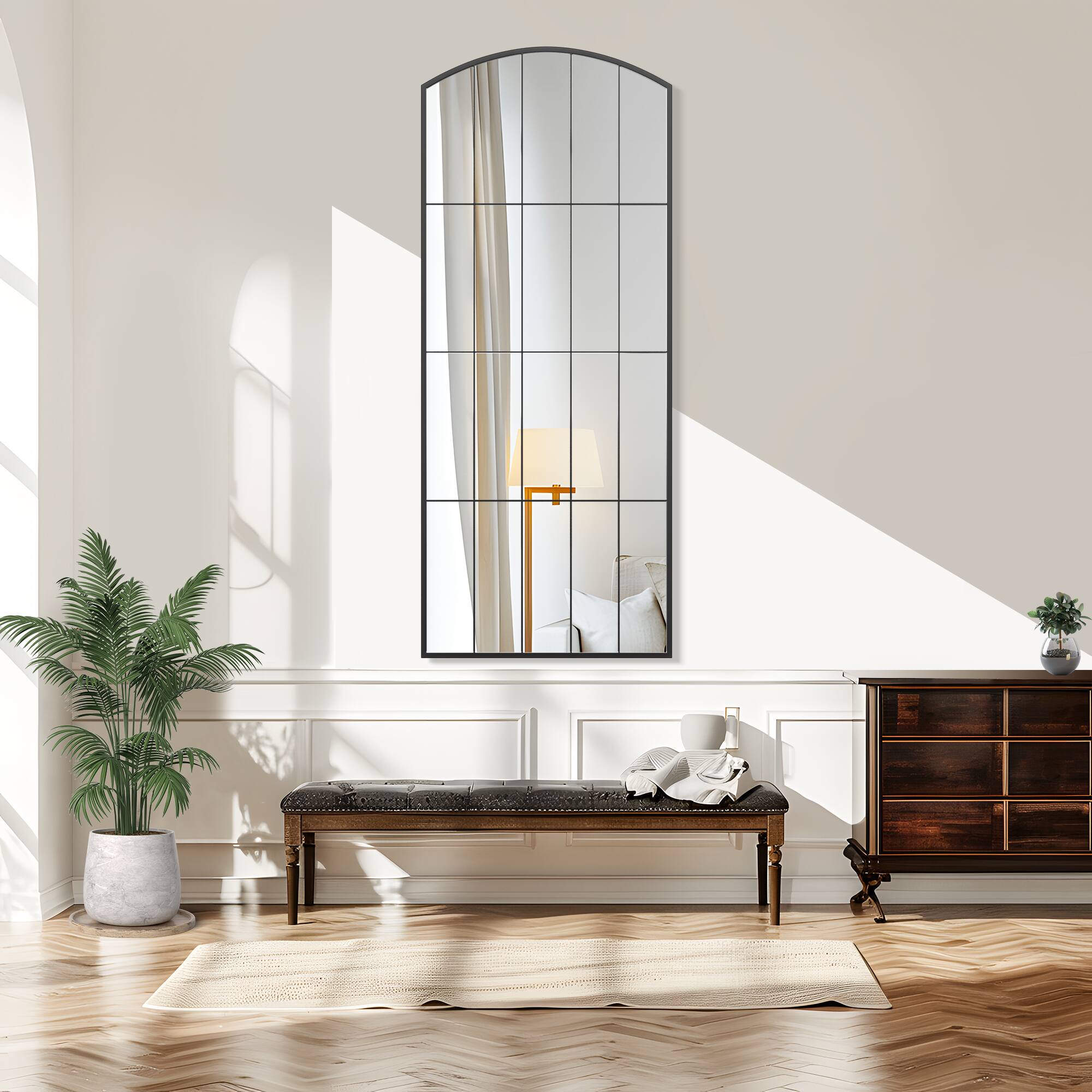 Alt View 2. Lirago - 67" x 28" Ironwork right angle Hanging Arched Bathroom Mirror with Black Rotatable Hardware for Adjustment - Black.