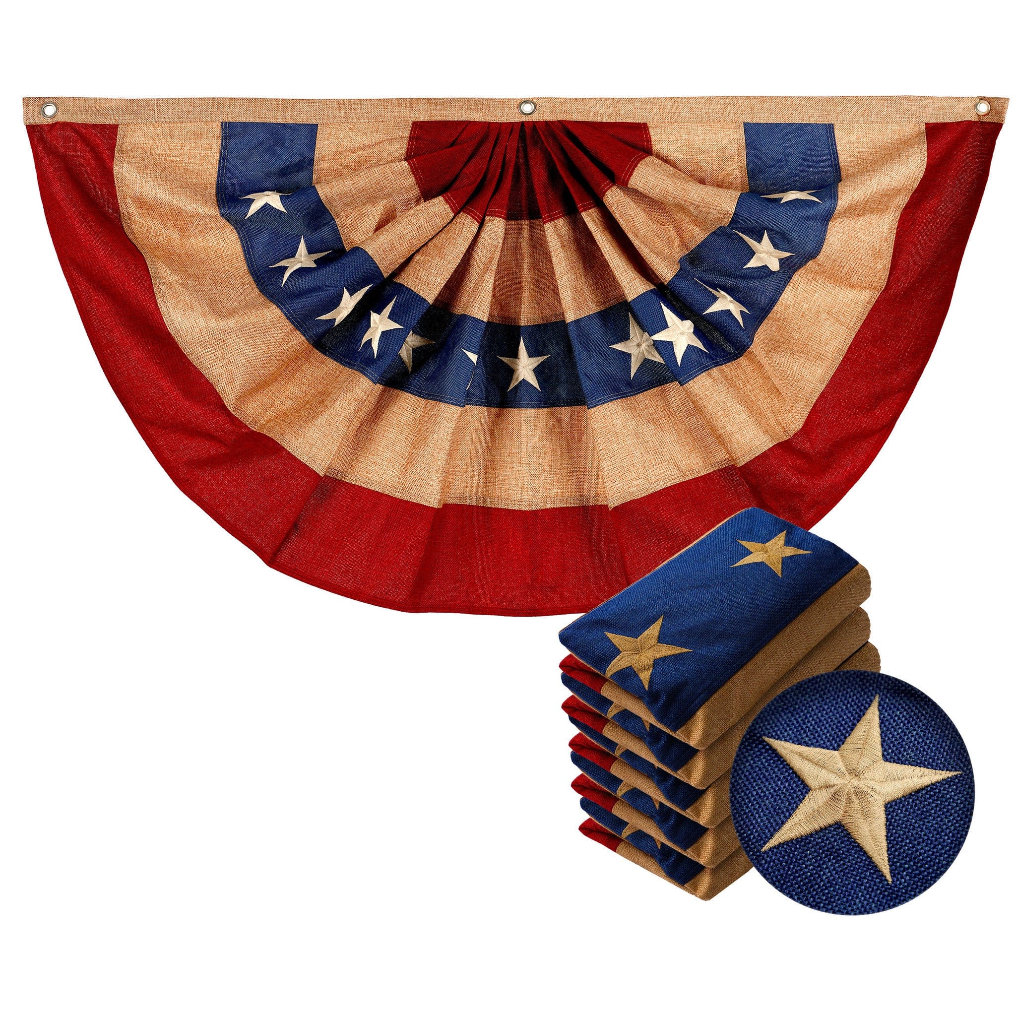 G128 - 5 Pack: USA Tea Stained Pleated Fan Flag 3x6FT Burlap Embroidered Polyester Stars and Stripes - Red, white, blue (tea stained) price history on PriceWatchPro