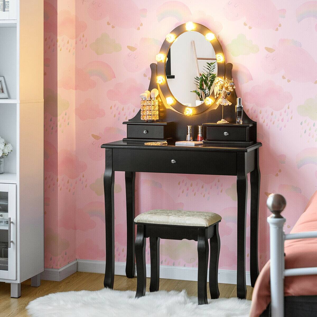 Alt View 10. Ecooso - 3-Drawer Lighted Vanity Desk with Wide Mirror and Sturdy Stool for Daily Makeup Routine - Black.