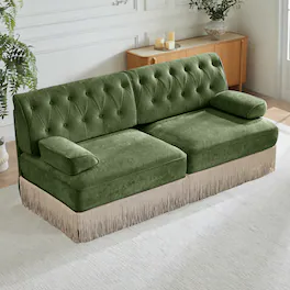 Anysun - Velvet Chesterfield Sofa - Button Tufted, Floor-Grazing Tassel Skirt, Easy Assembly, for Living Room & Bedroom - Green