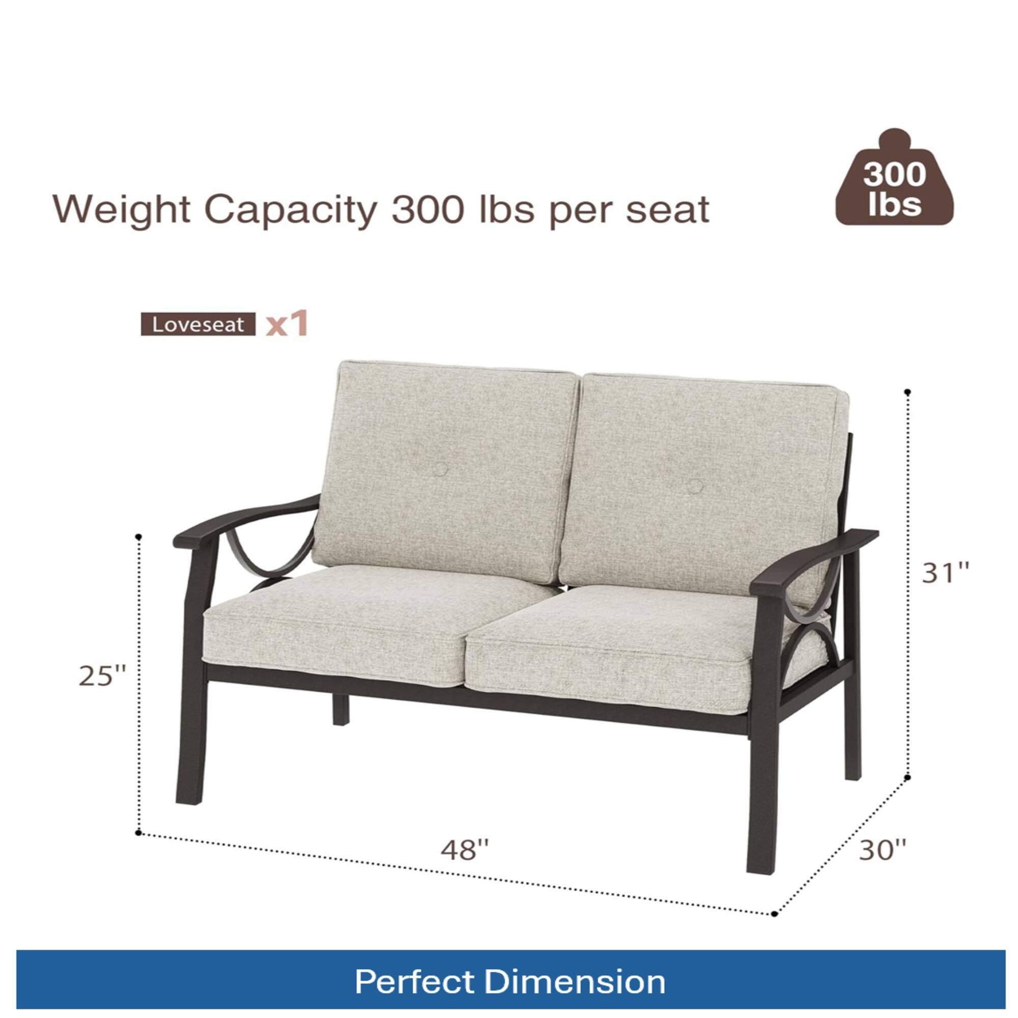 Weight Capacity 300 lbs per seat  
Loveseat x1  
31" x 25" x 48" x 30"  
Perfect Dimension
