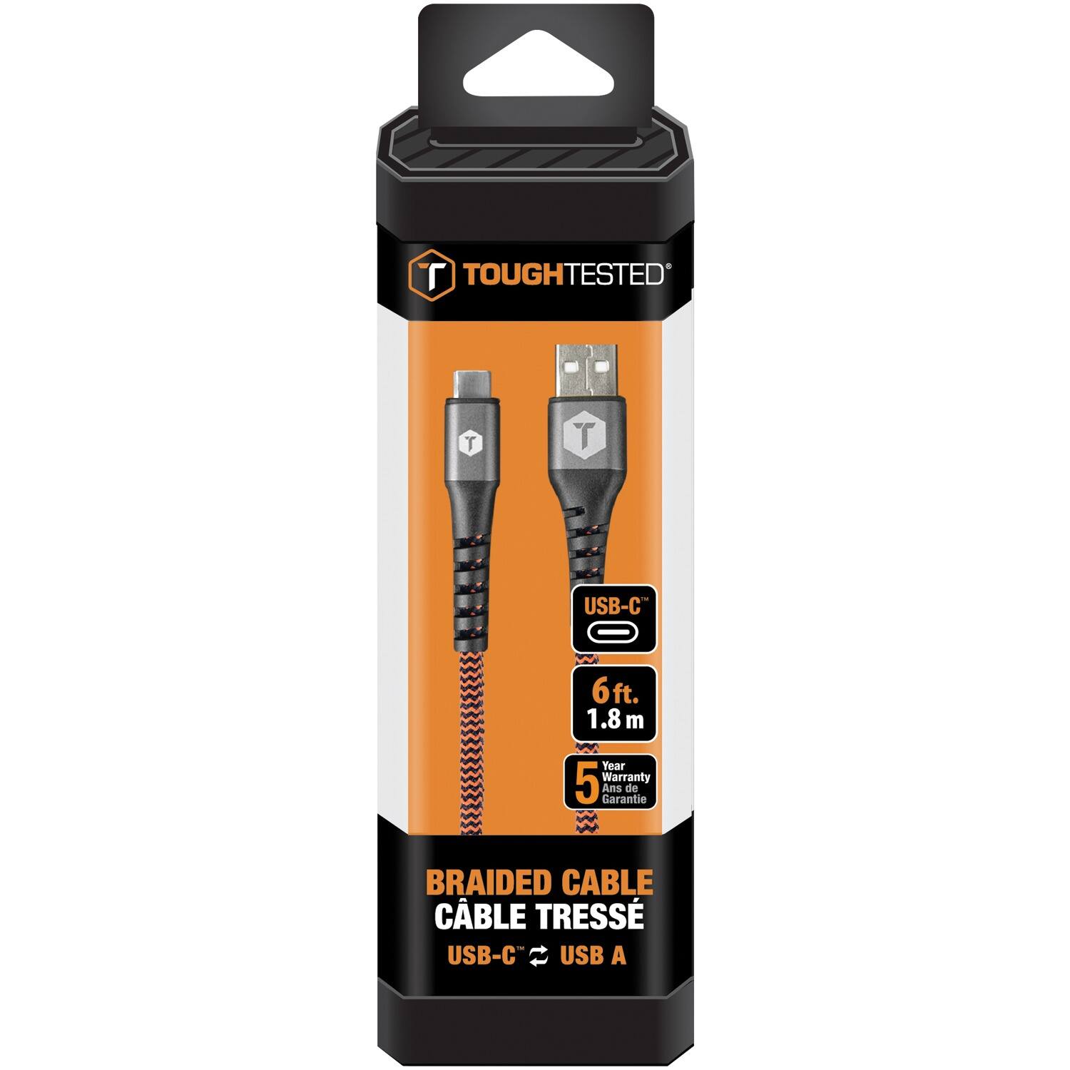TOUGHTESTED  
USB-C to USB-A  
6ft. 1.8m  
Year 5 Warranty  
BRAIDED CABLE  
CABLE TRESSÉ