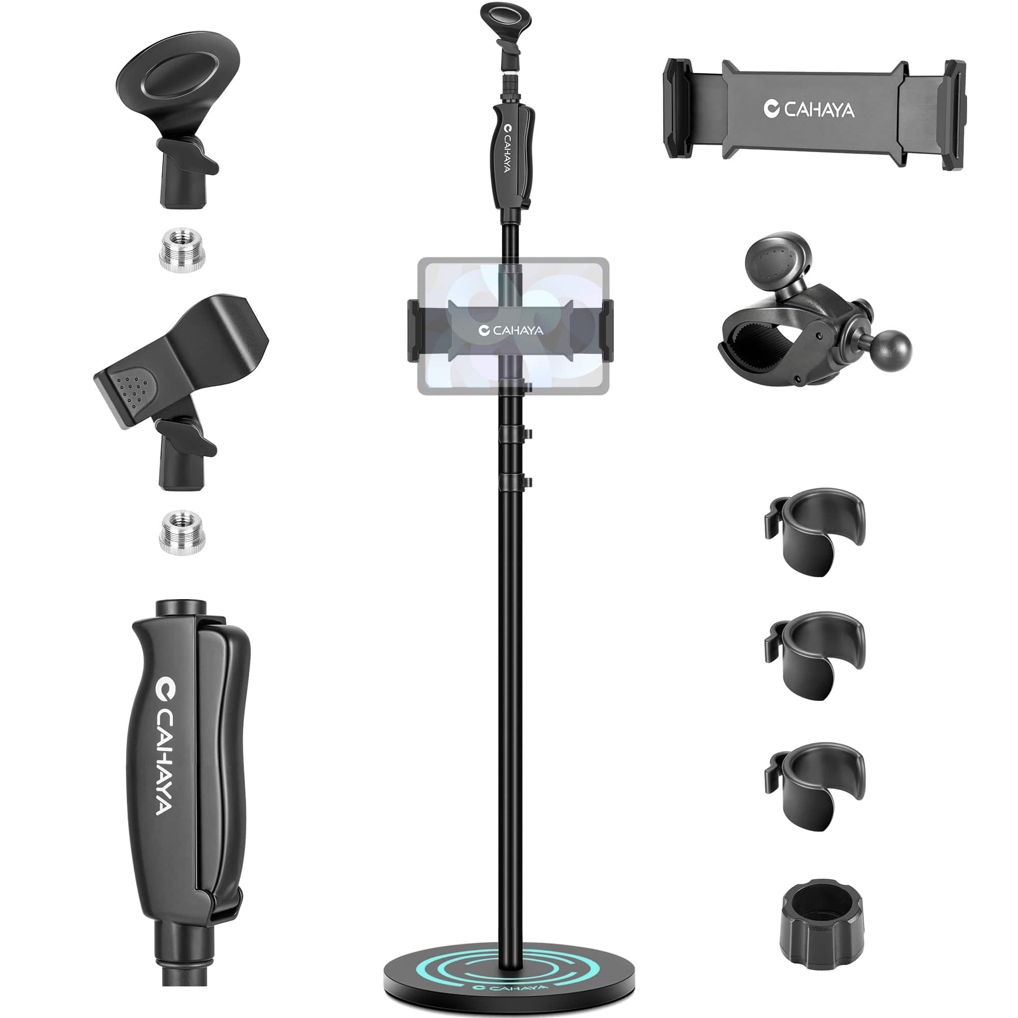 CAHAYA - Metal Floor Mic Stand: Weighted Heavy Round Base, Height-Adjustable, 2 Clips & 3/8" To 5/8" Adapter CY006-1