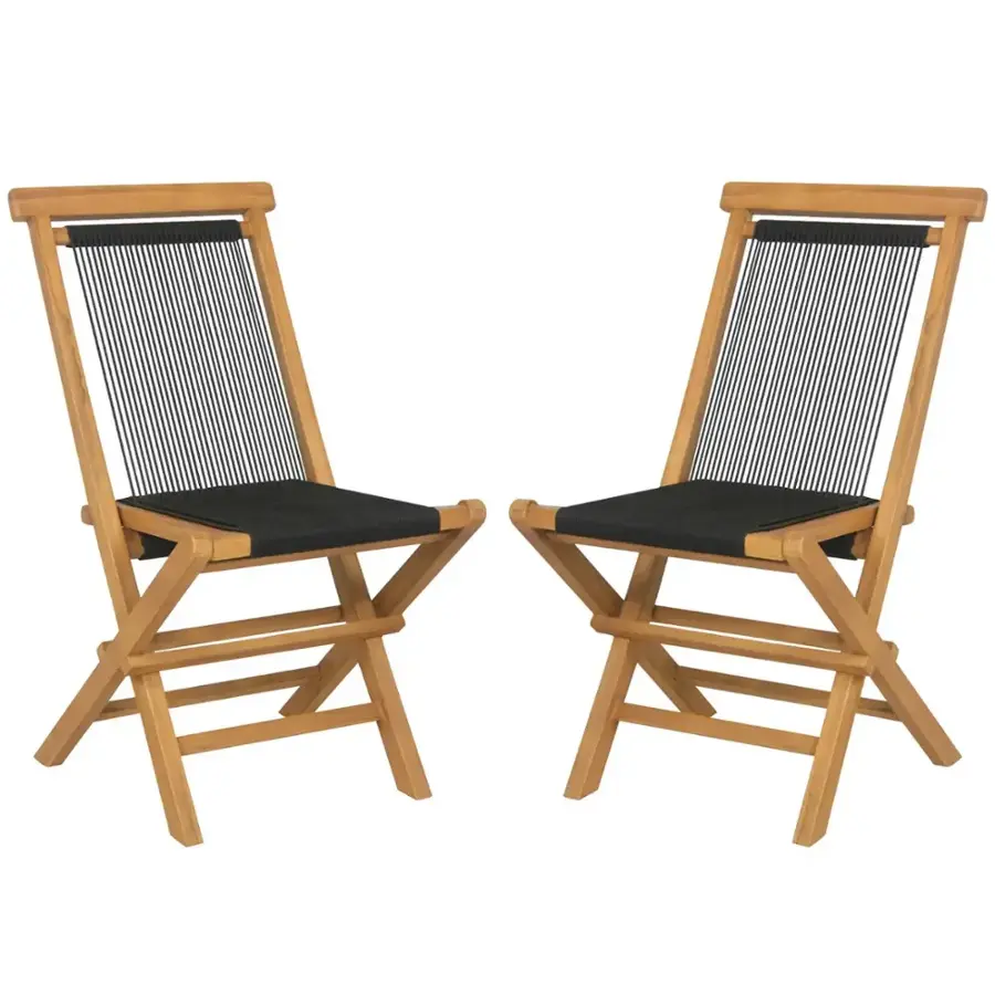 Alt View 6. Costway - 2 PCS Patio Folding Chairs with Woven Rope Seat & Back Indonesia Teak Wood for Porch - Natural + Black.