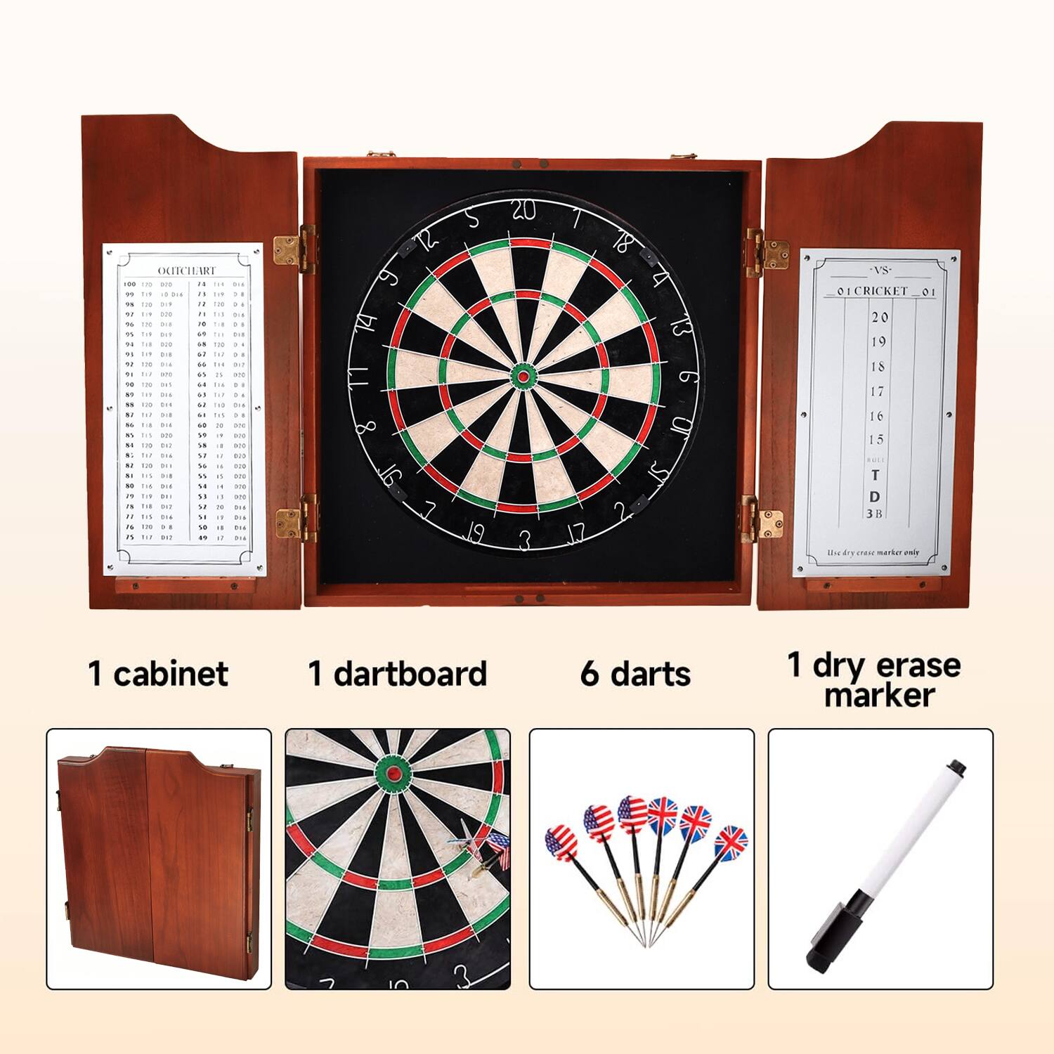 1 cabinet, 1 dartboard, 6 darts, 1 dry erase marker