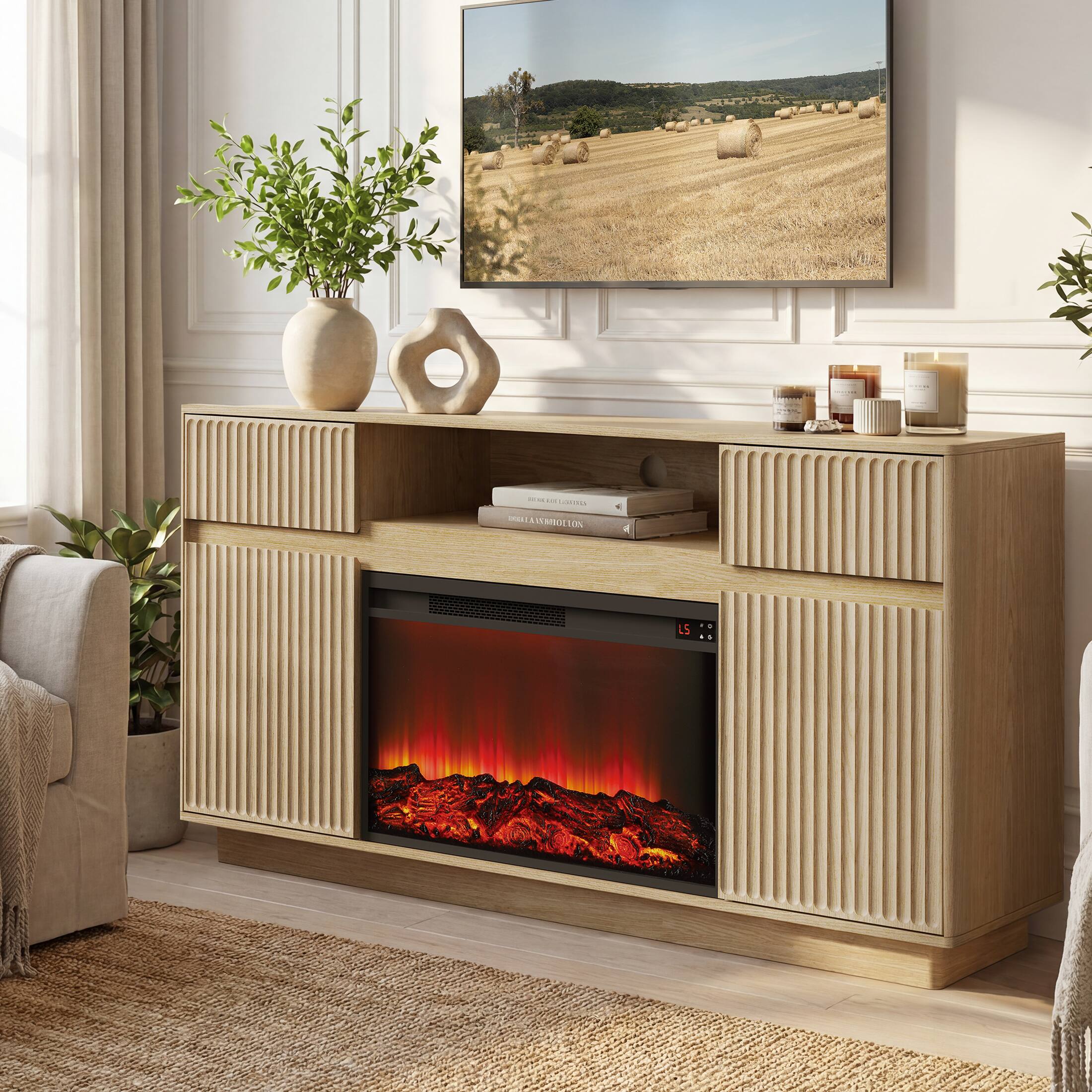 Alt View 2. paproos - Fireplace TV Stand with 30" Electric Fireplace, Modern Fireplace Entertainment Center Fits TVs up to 70" for Living Room - Natural Wood.