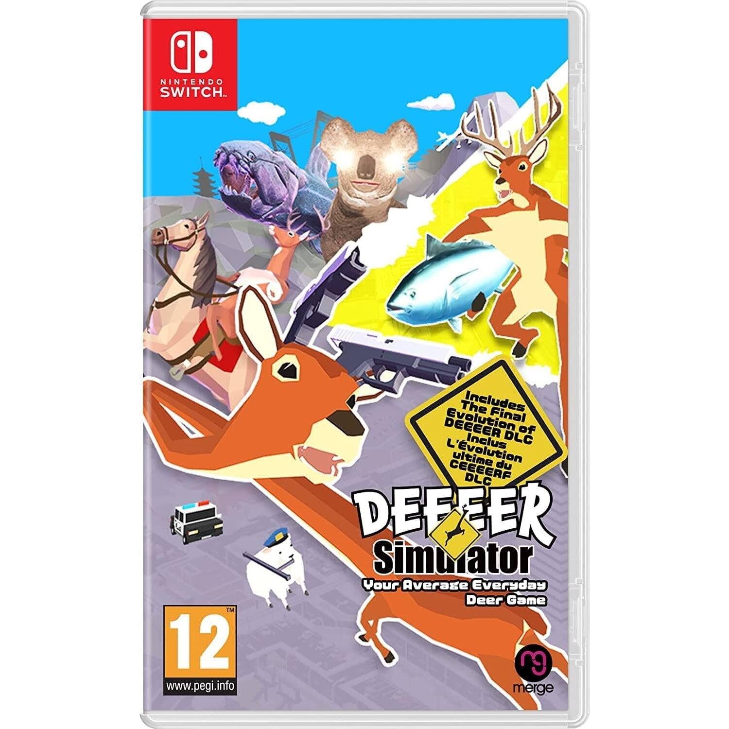 NINTENDO SWITCH

DEEFER SIMULATOR  
Your Average Everyday Deer Game

Includes Final Evolution of DEEFER DLC  
L'inclus ultime Evolution de DEEFER DLC

12  
www.pegi.info

merge