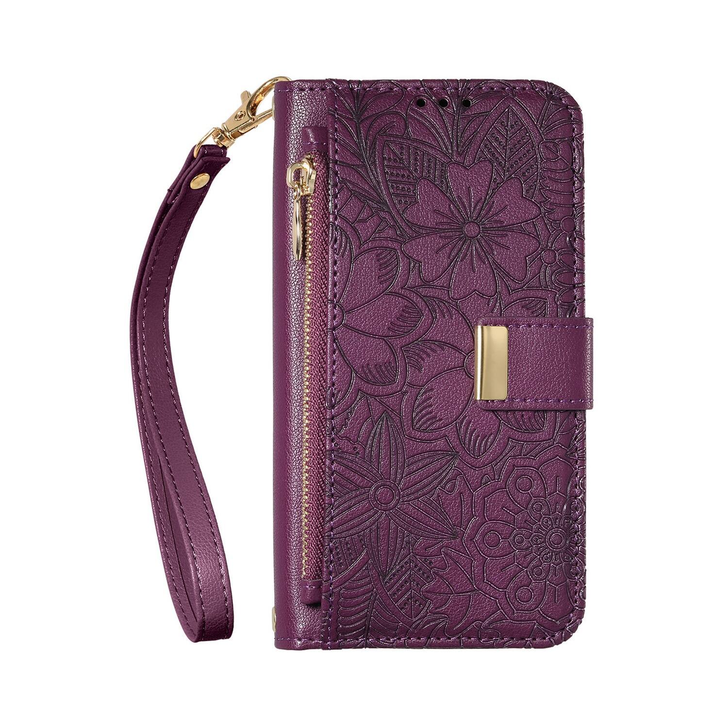 Alt View 8. Dteck - Floral Embossed Leather Zipper Cash Slot Wallet Case for Apple iPhone 16 with Detachable Strap - Purple.