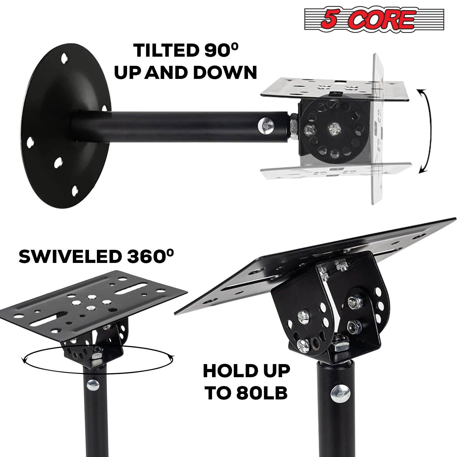 The text on the image can be grouped and corrected as follows:

- Tilted 90° up and down
- Swiveled 360°
- Hold up to 80 lb
- 5 core