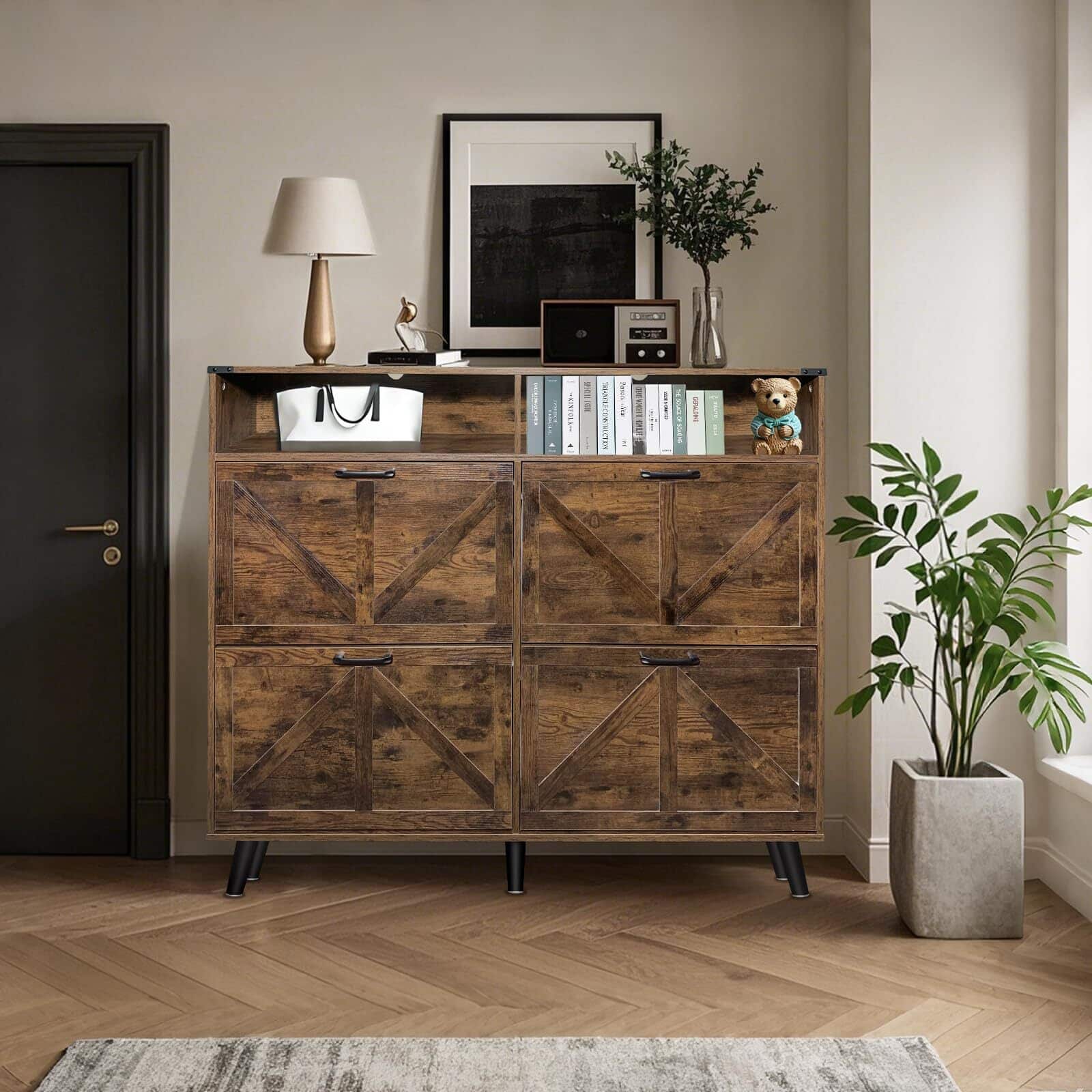 Babevy - Farmhouse Shoe Storage Cabinet with 4 Flip Drawers and Open Storage, Narrow Organizer for Entryway - Brown