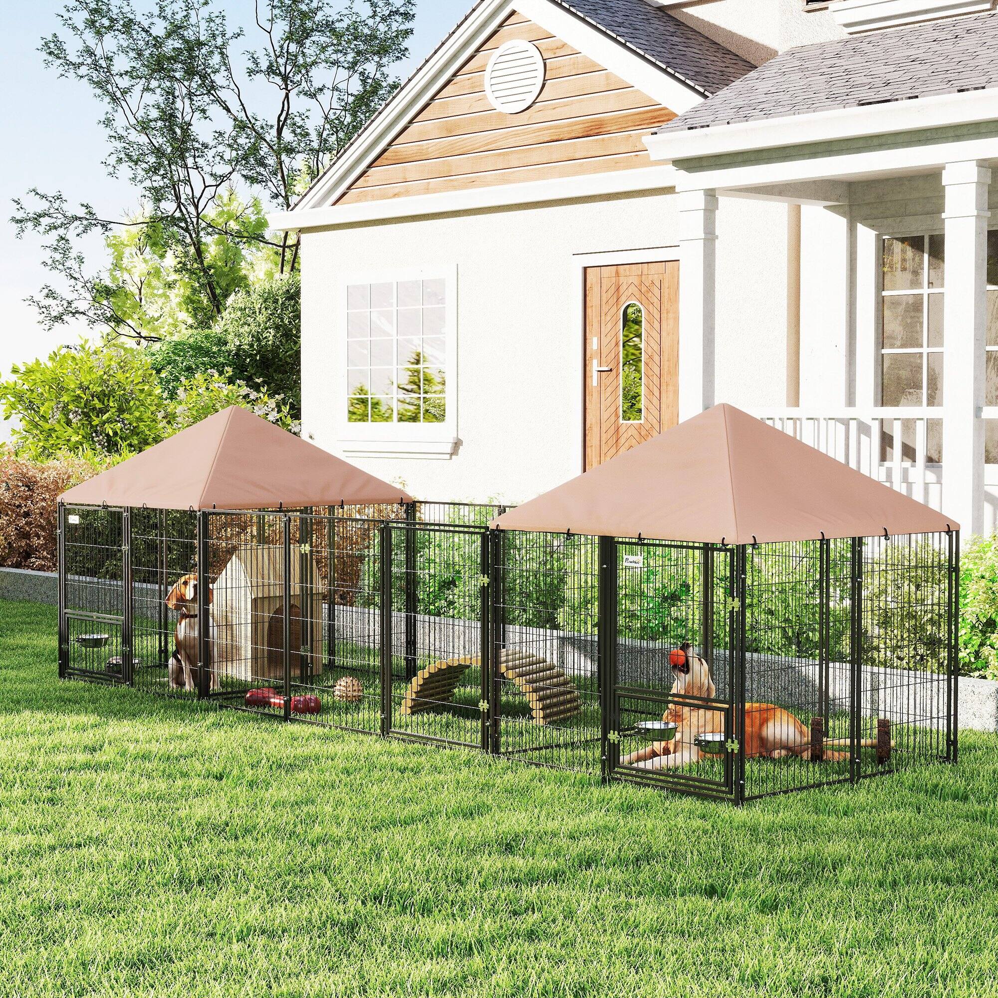 Alt View 1. Pawhut - Outdoor Dog Kennel with 2 Rooms, Rotating & Adjustable Height Bowls - Coffee.