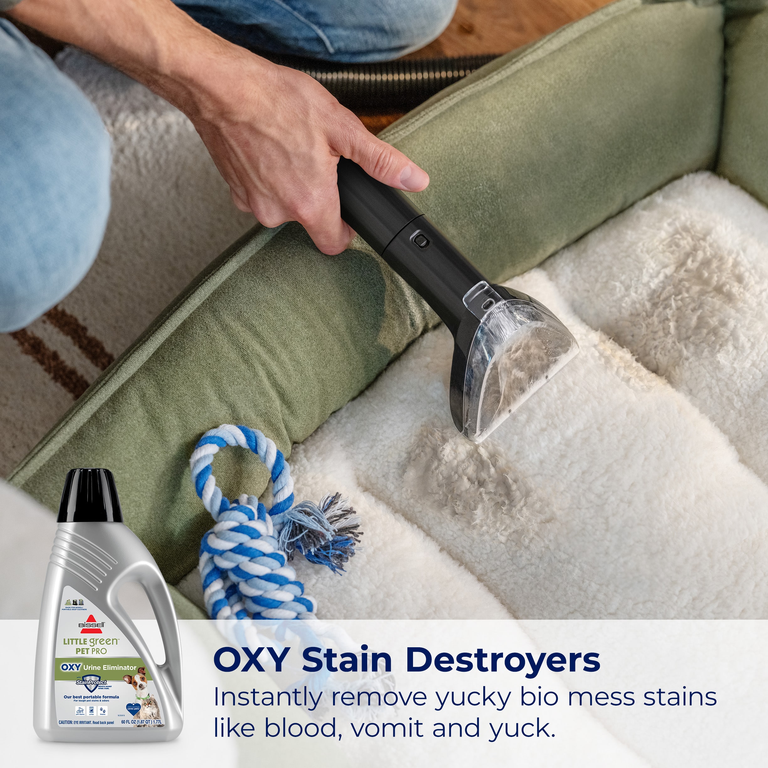 OXY Stain Destroyers instantly remove yucky bio mess stains like blood, vomit, and yuck.