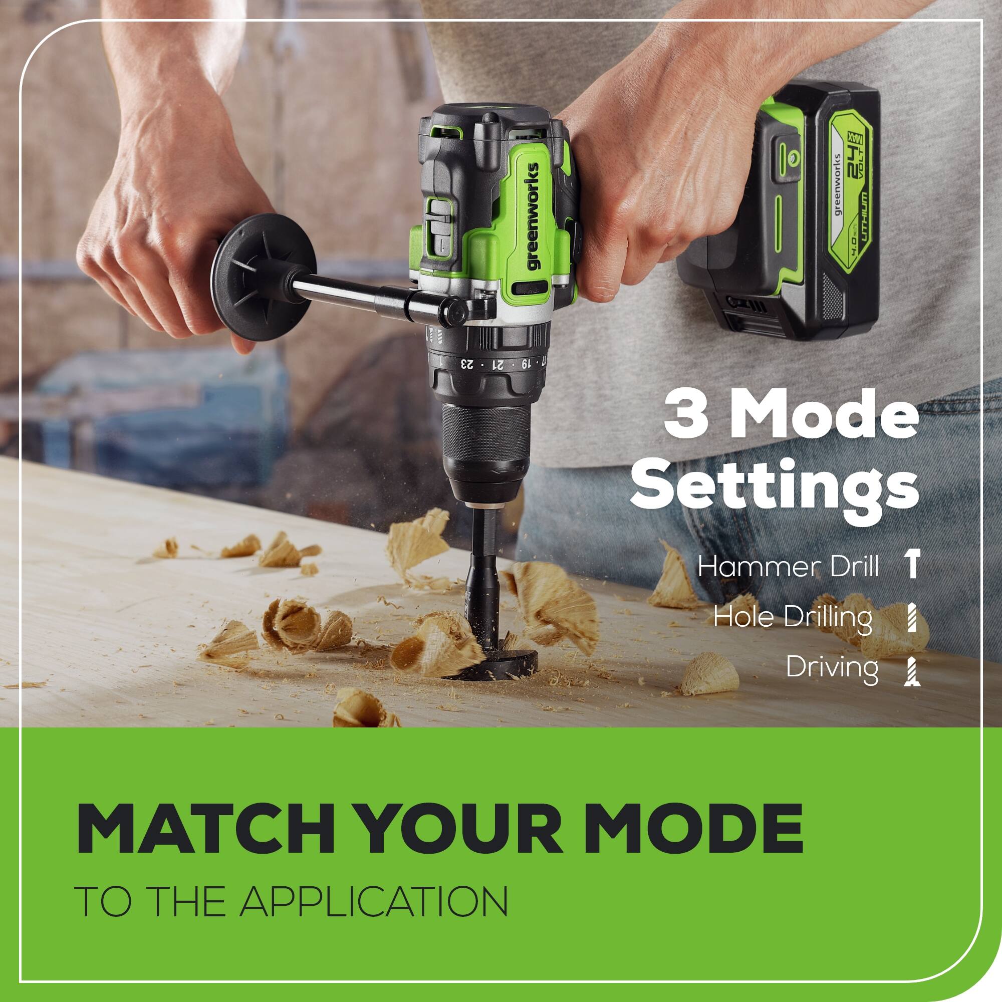 OM T greenworks - greenworks E LITHIUM B 19-21 -23 23 21 S 1 3 Mode Settings Hammer Drill T Hole Drilling W Driving MATCH YOUR MODE TO THE APPLICATION