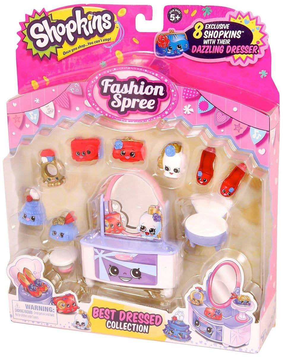 Shopkins  
Once you shop... You can't stop!  
Fashion Spree  

8 EXCLUSIVE SHOPKINS® WITH THEIR DAZZLING DRESSER  

BEST DRESSED COLLECTION  

WARNING: CHOKING HAZARD - Small parts. Not for children under 3 years.