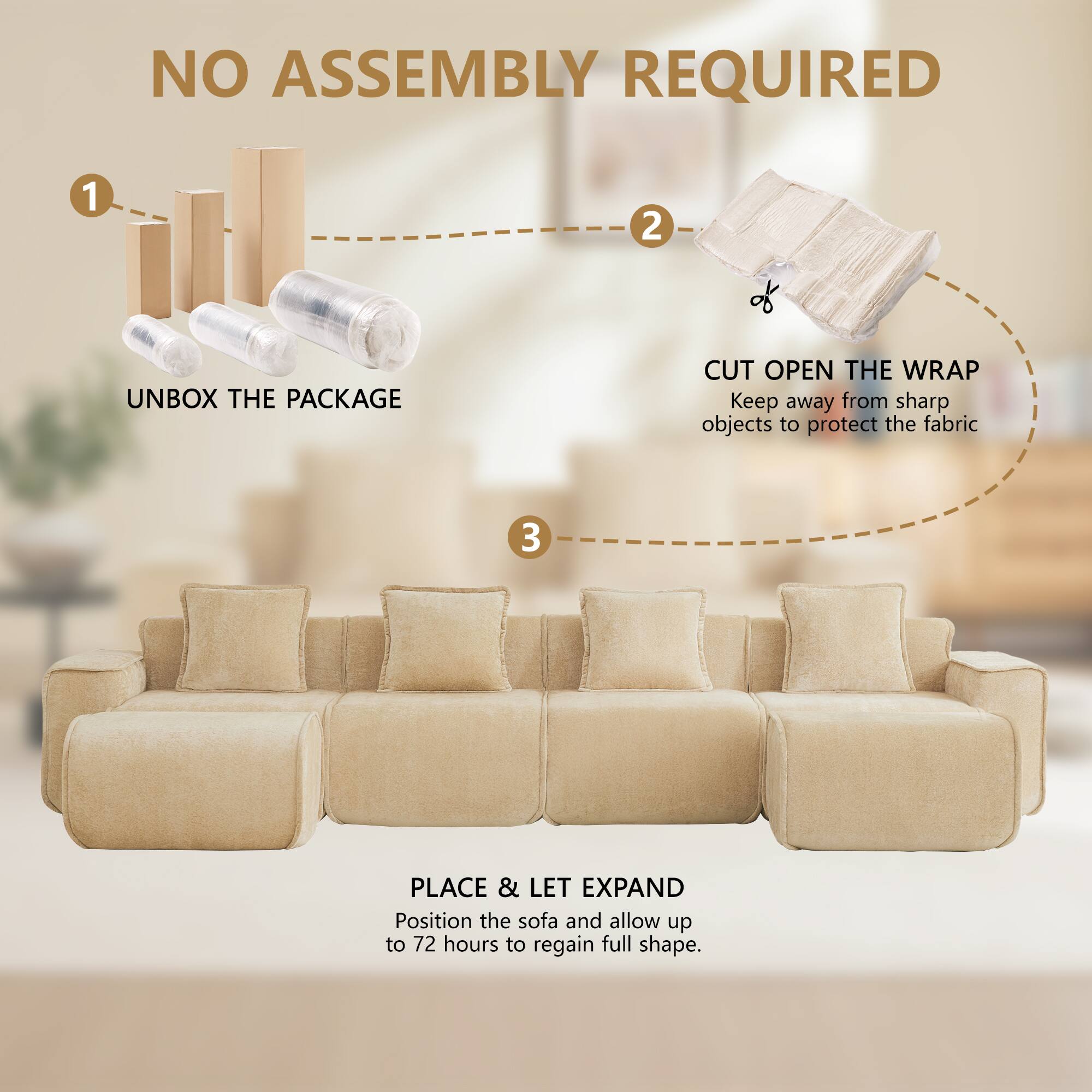 NO ASSEMBLY REQUIRED

1. UNBOX THE PACKAGE
2. CUT OPEN THE WRAP
   Keep away from sharp objects to protect the fabric
3. PLACE & LET EXPAND
   Position the sofa and allow up to 72 hours to regain full shape.