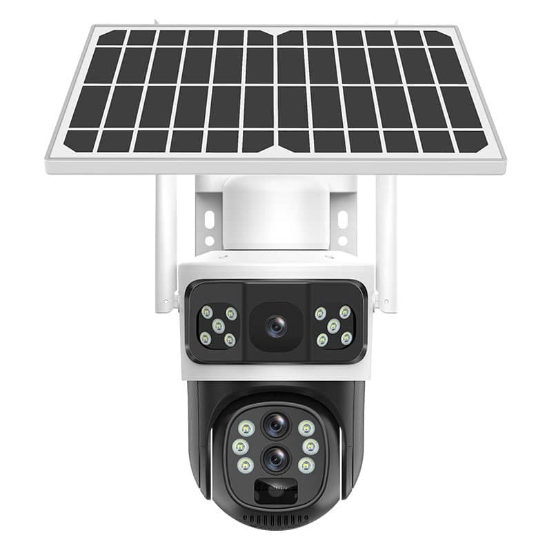 Cluzine - Triple Lens Solar Security Camera, 360° PTZ WiFi Camera, 2-Way Audio, IP65 Waterproof