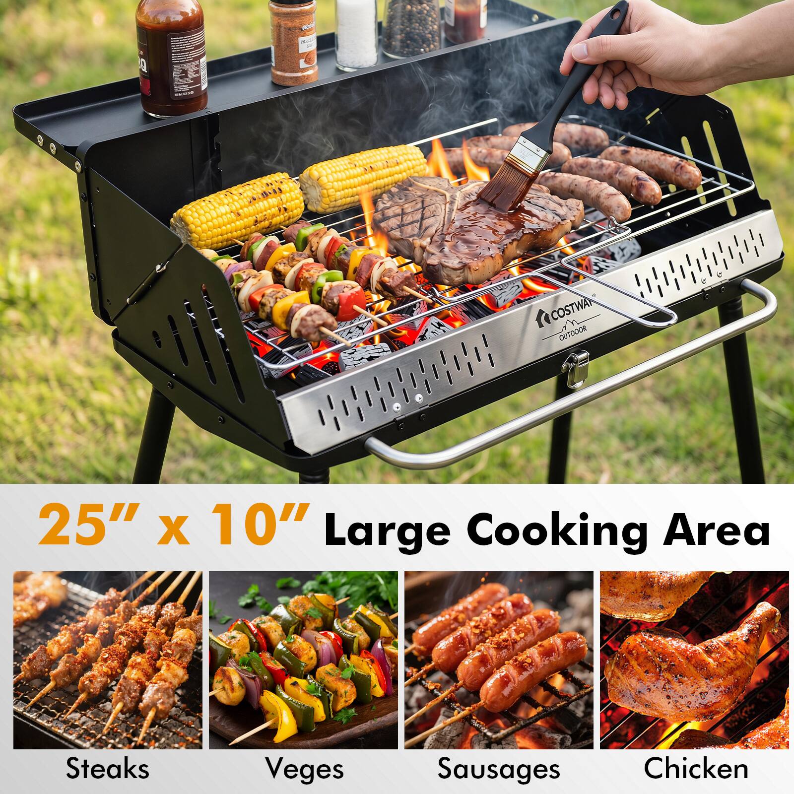 COSTWAY OUTDOOR 25" X 10" Large Cooking Area

- Steaks
- Veges
- Sausages
- Chicken