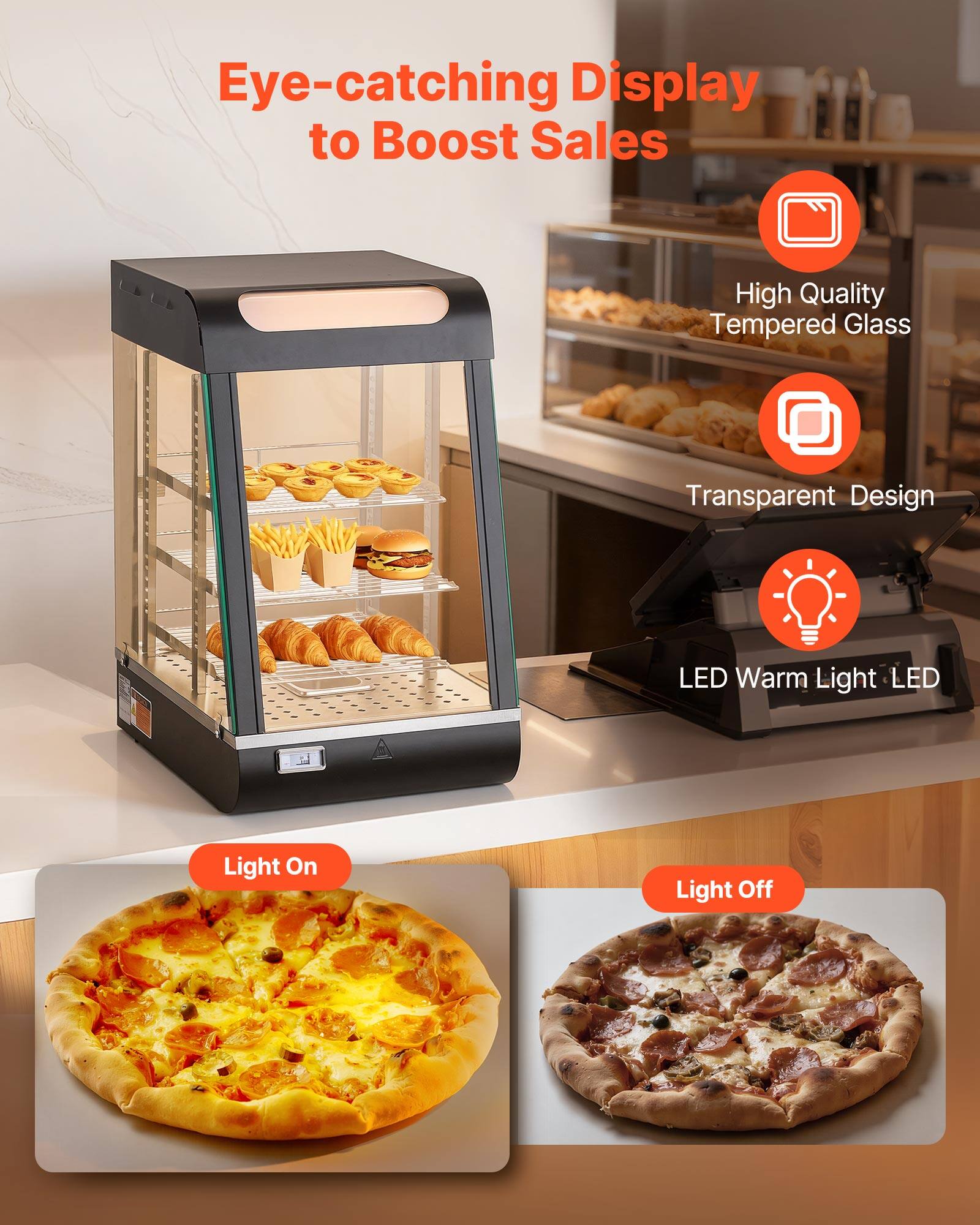 Eye-catching Display to Boost Sales

High Quality Tempered Glass

Transparent Design

LED Warm Light LED

Light On

Light Off