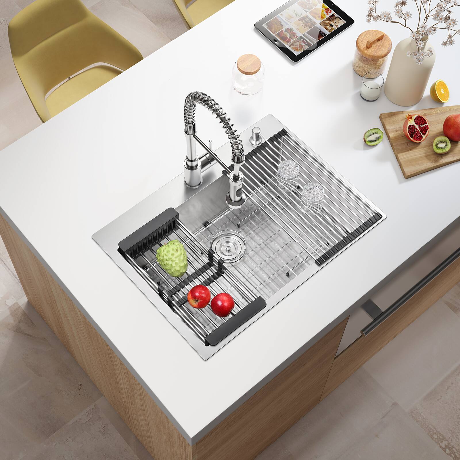 Angle. Akicon - Akicon 30 in. Drop-in Single Bowl 20-Gauge Silver Nano-Coated Kitchen Sink with Grid, Strainer, Colander and Rollup Rack - Silver.