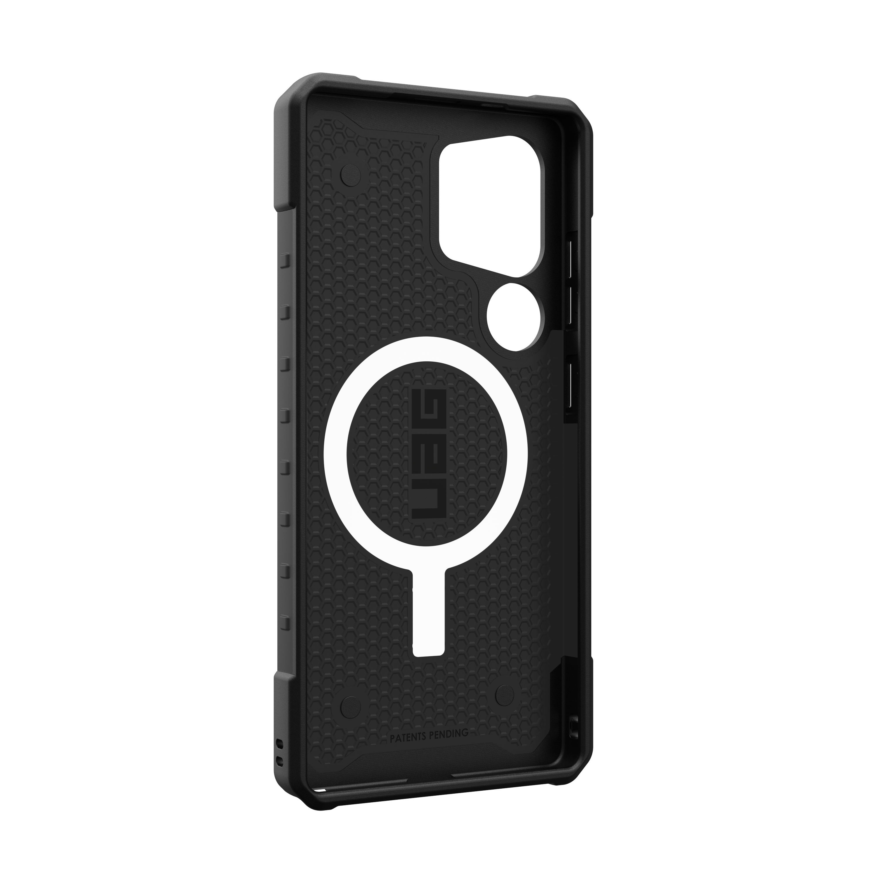 The image features a black case for a cell phone with a magnifying glass design on it. The case is made by the company UAG and is designed to protect the phone from drops and impacts. The magnifying glass design adds a unique touch to the case, making it stand out from other phone cases.