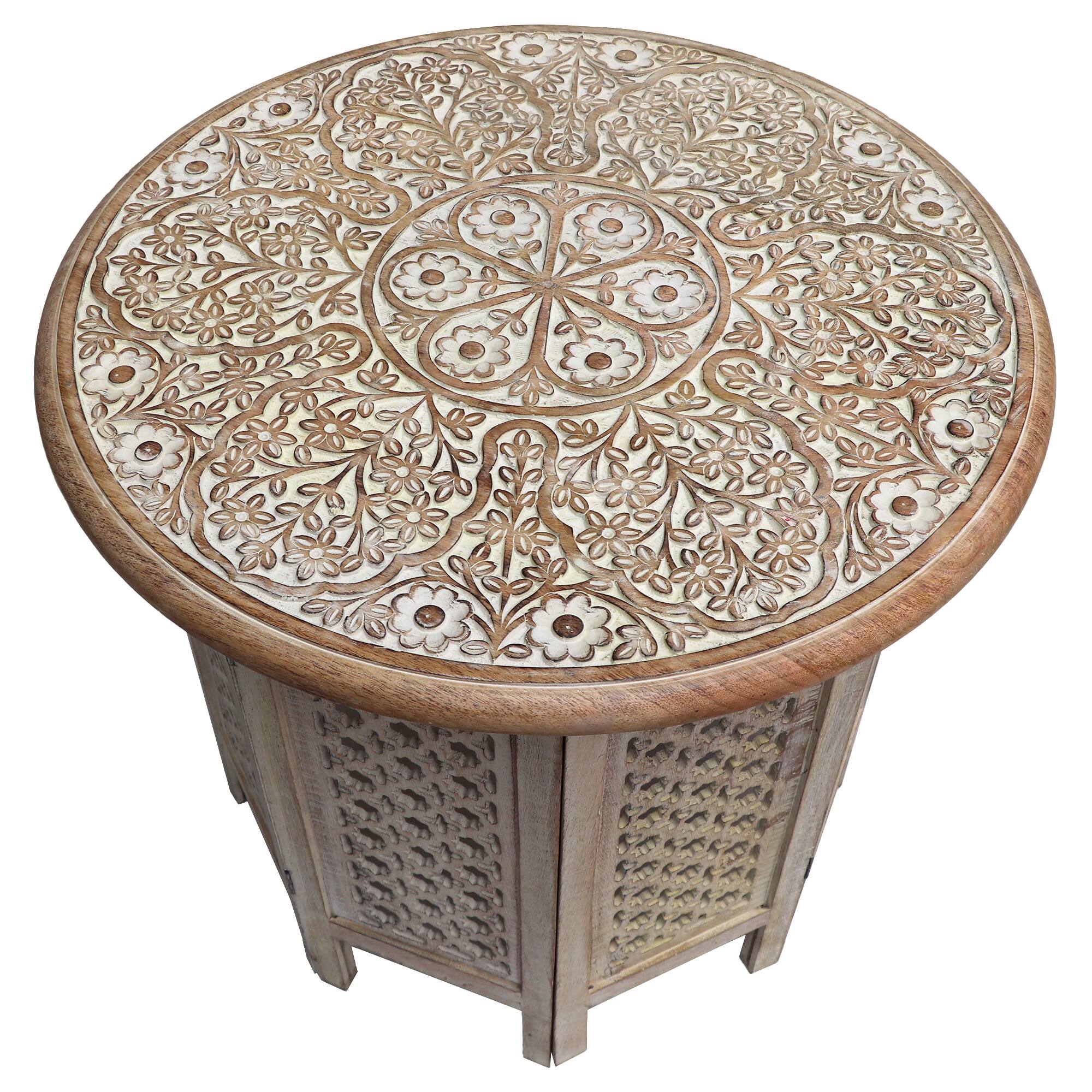 Alt View 1. Manhattan Lane - Mesh Cut Out Carved Mango Wood Octagonal Folding Table with Round Top - White and Brown.
