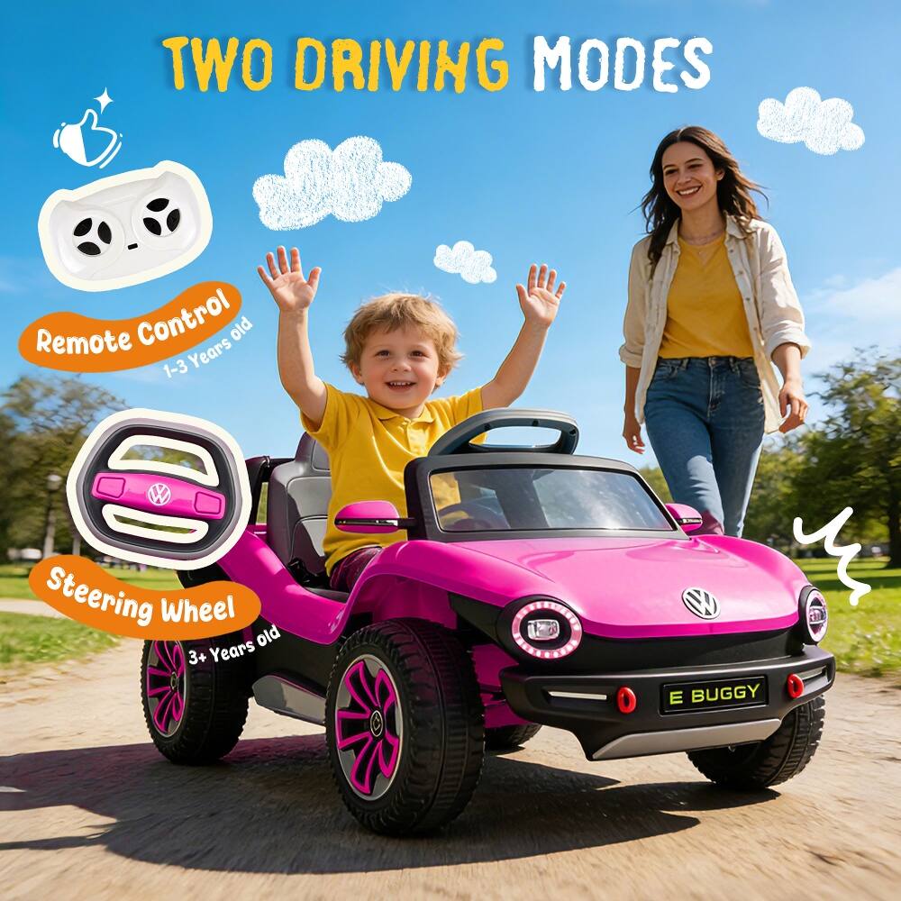 TWO DRIVING MODES

Remote Control
1-3 Years old

Steering Wheel
3+ Years old

VW E BUGGY
