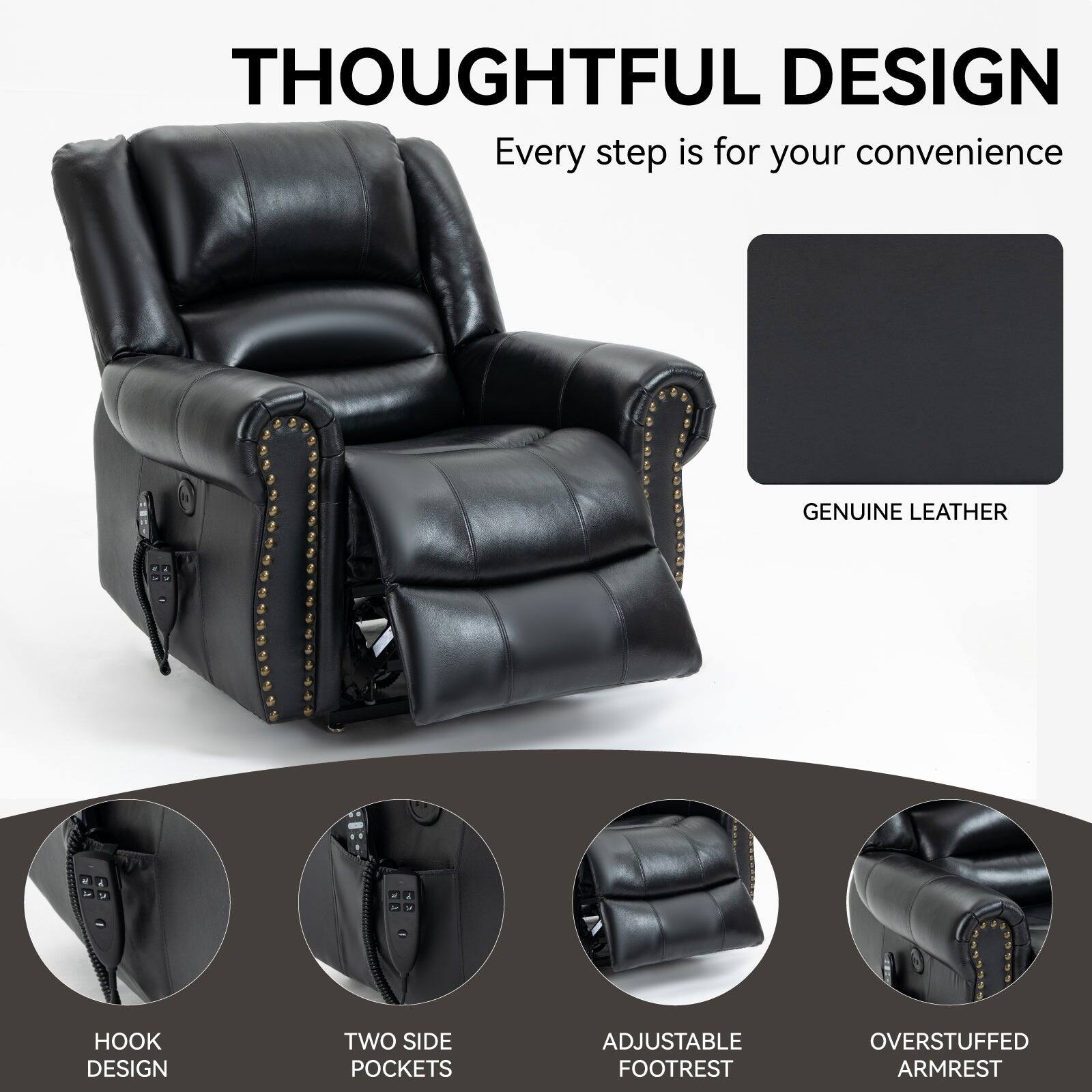 THOUGHTFUL DESIGN
Every step is for your convenience
GENUINE LEATHER
HOOK DESIGN
TWO SIDE POCKETS
ADJUSTABLE FOOTREST
OVERSTUFFED ARMREST