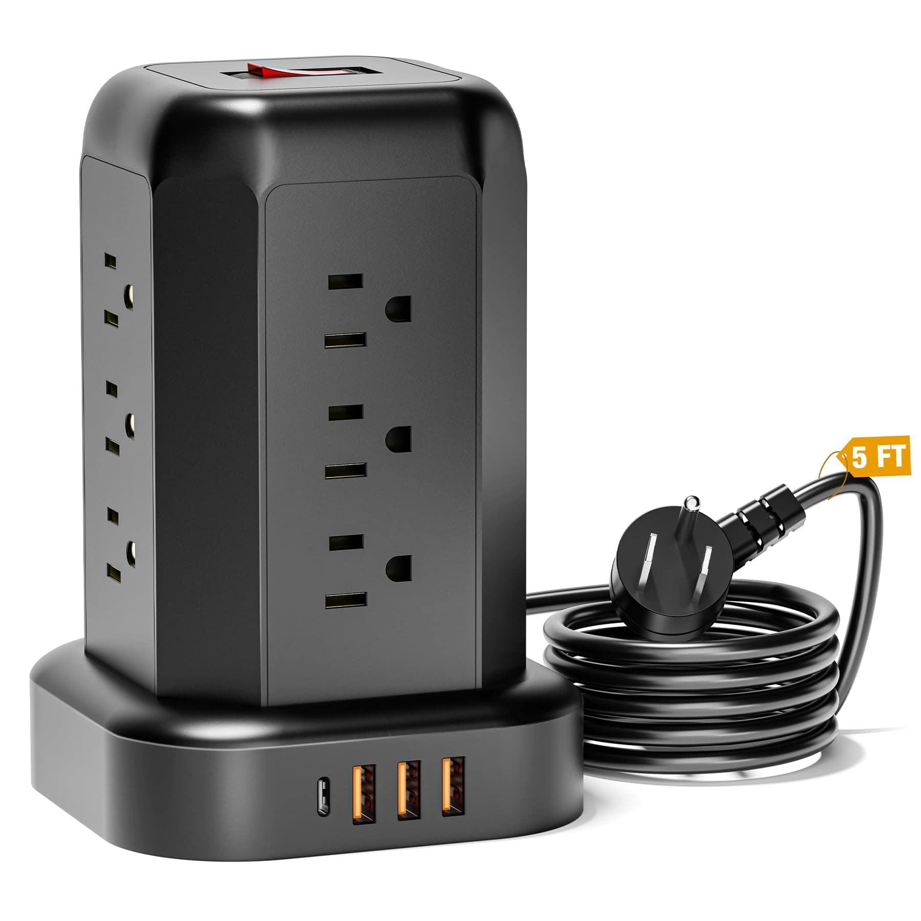 Dazzed Corner - Flat Plug Power Strip, 5ft Cord, 12 AC Outlets, 4 USB Ports - Black