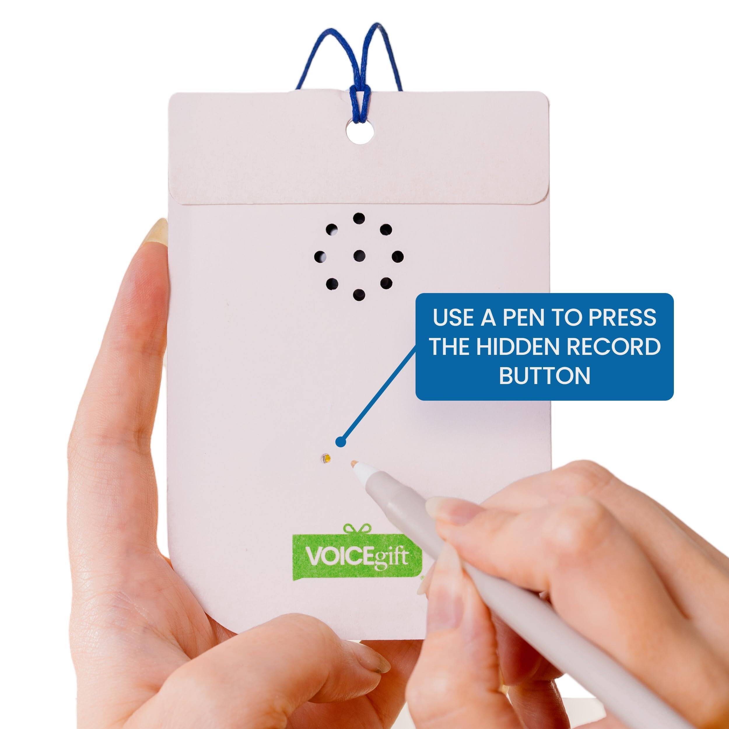 USE A PEN TO PRESS THE HIDDEN RECORD BUTTON

VOICEgift