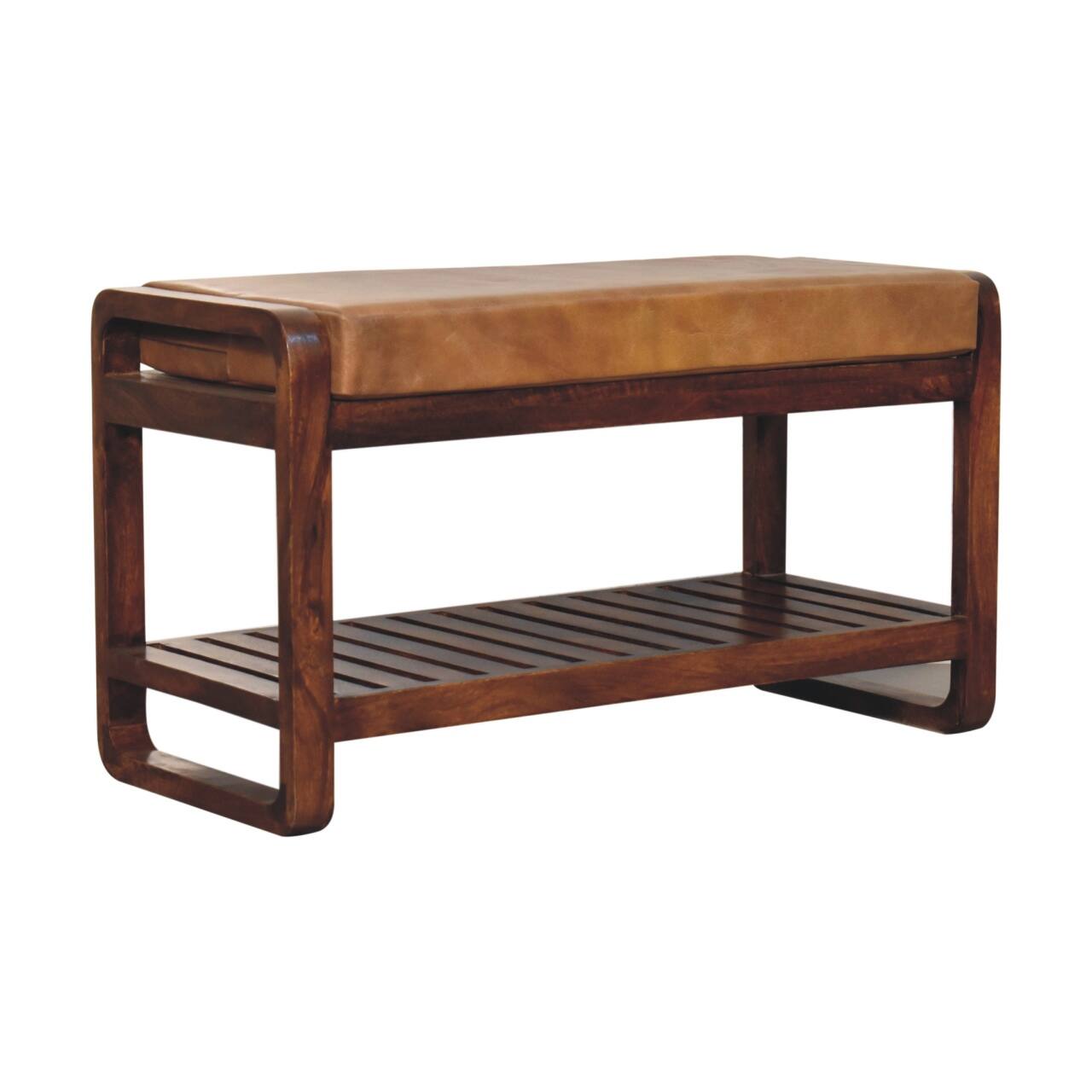 Back. Artisan Furniture - Artisan Furniture Solid Wood Small Buffalo Slatted Hallway Bench, Upholstered, 1 Shelf, Brown - Brown.