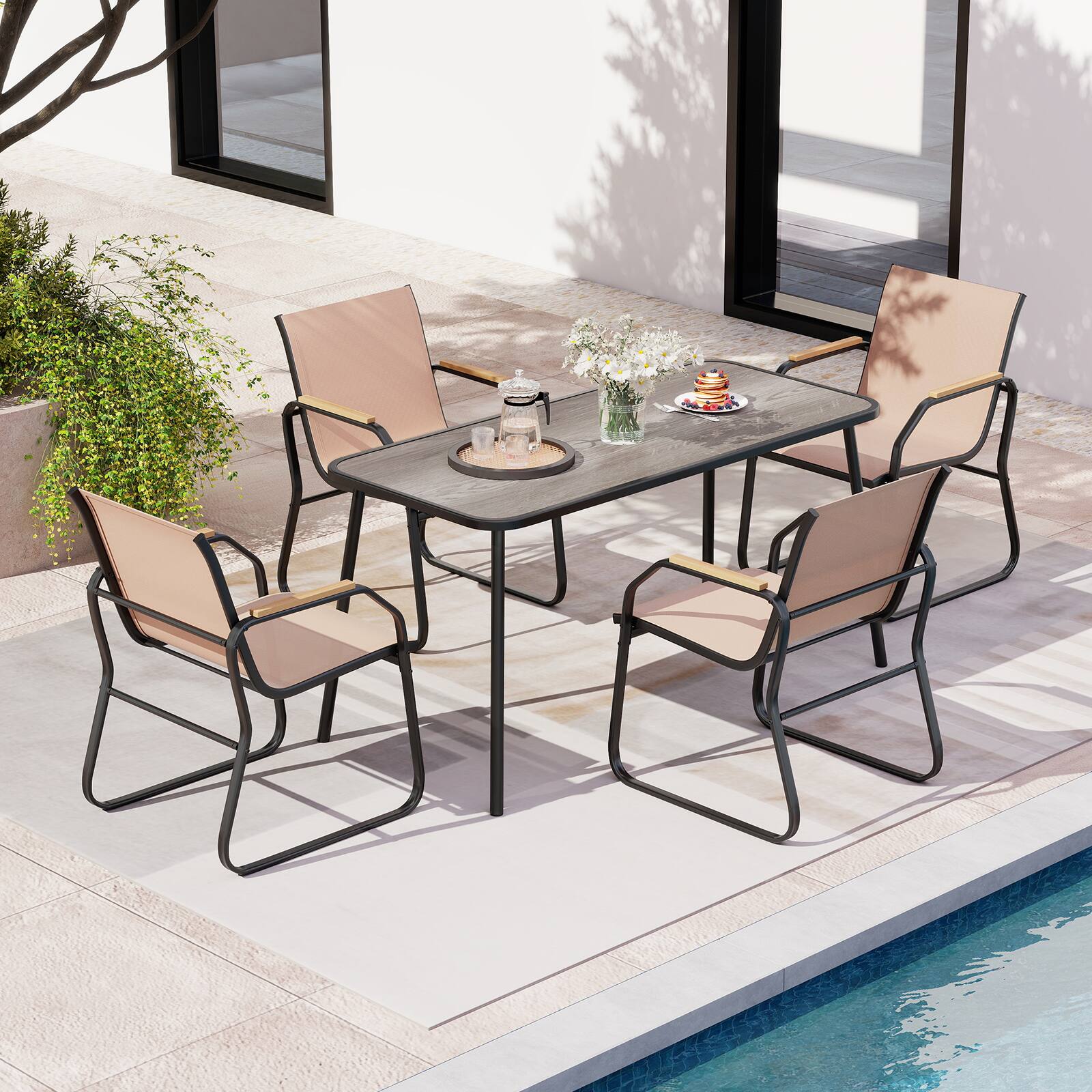 Alt View 3. Gymax - Gymax 5 PCS Patio Dining Set w/ Wood-like Armrests & Metal Frame for Garden Yard - Brown.