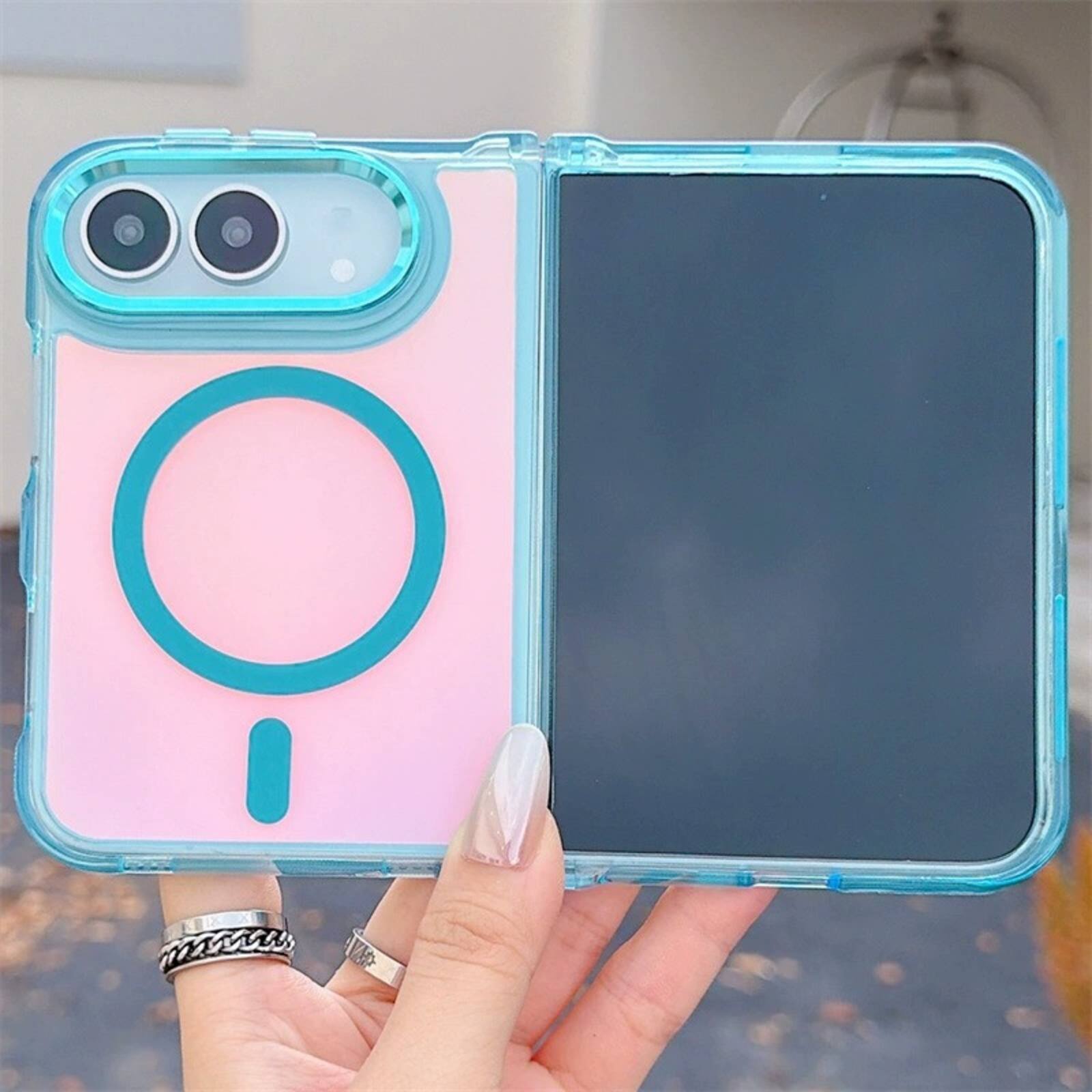 Alt View 7. UUCOVER - For Apple iPhone Duo Magnetic Case Compatible with MagSafe, Shockproof Clear Bumper Matte Iridescent Gradient Back Cover - Skyblue.