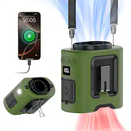 PRIMEPLUS - 14500mAh Portable Waist Fan, 360° Clip-on Rechargeable, 5-Speed 67H Battery Light, Neck Fan for Outdoor Camping - Green