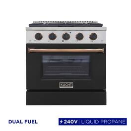 Kucht - 30" Dual Fuel Range for LP, SS/Black Door, Black Knobs, Gold Handle & Rings, Convection Oven - Black/Gold