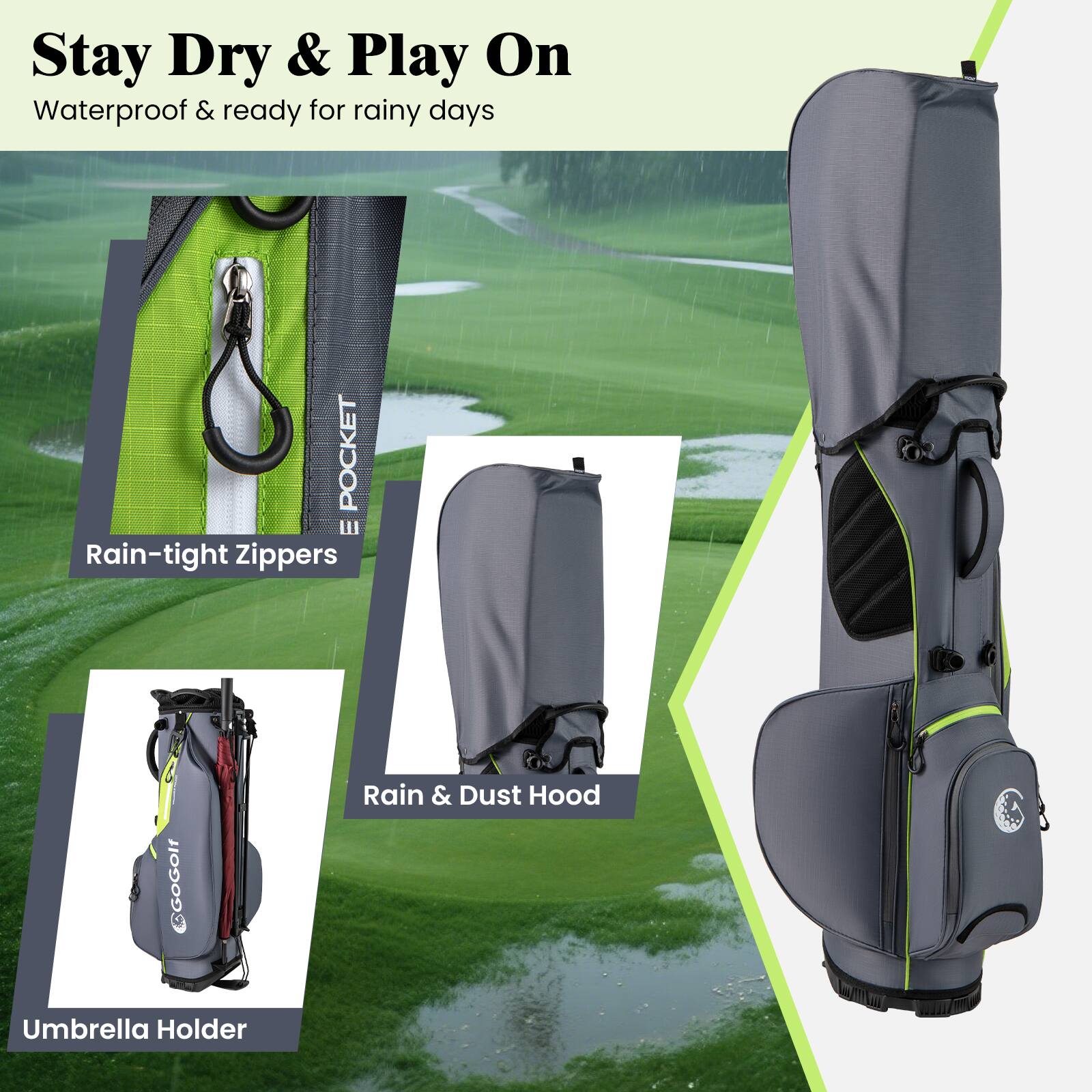 Stay Dry & Play On  
Waterproof & ready for rainy days

- Rain-tight Zippers
- Rain & Dust Hood
- Umbrella Holder
- Pocket