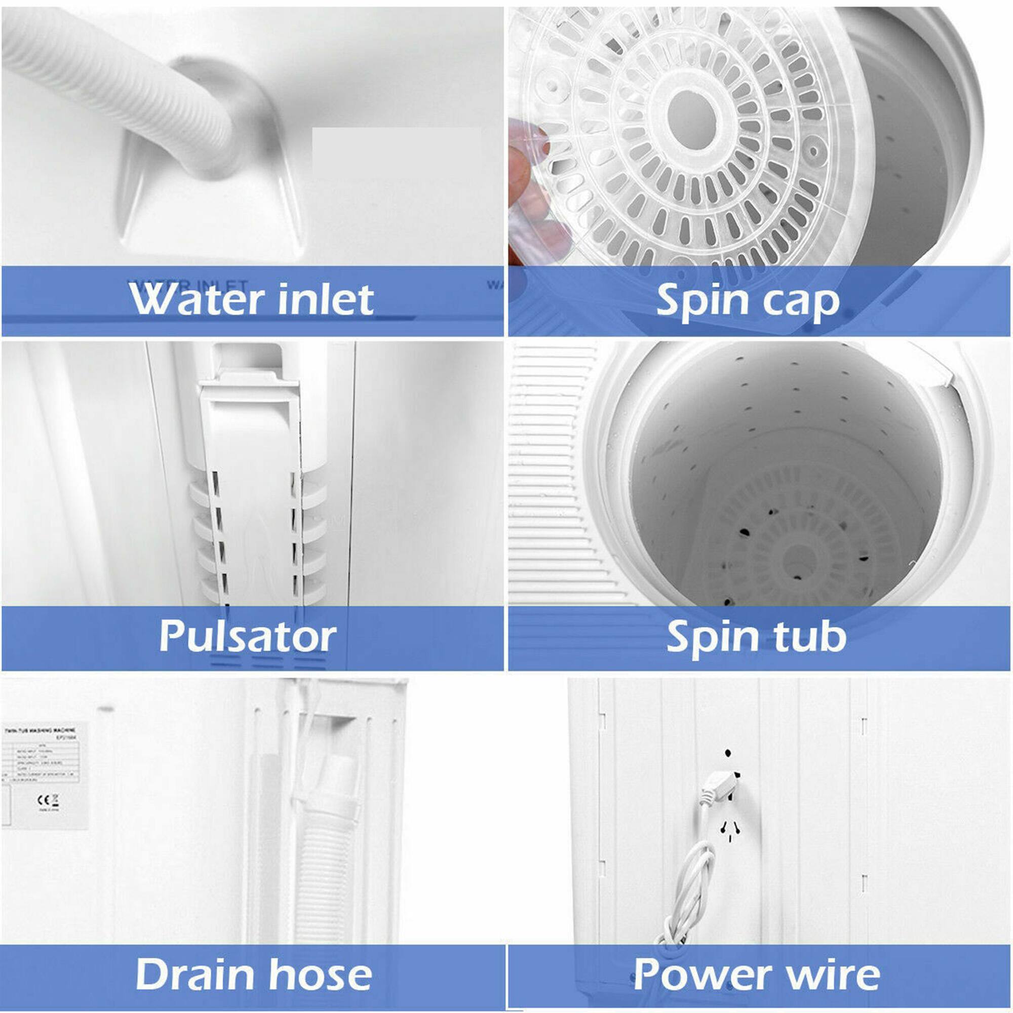 - Water inlet
- Spin cap
- Pulsator
- Spin tub
- Drain hose
- Power wire
