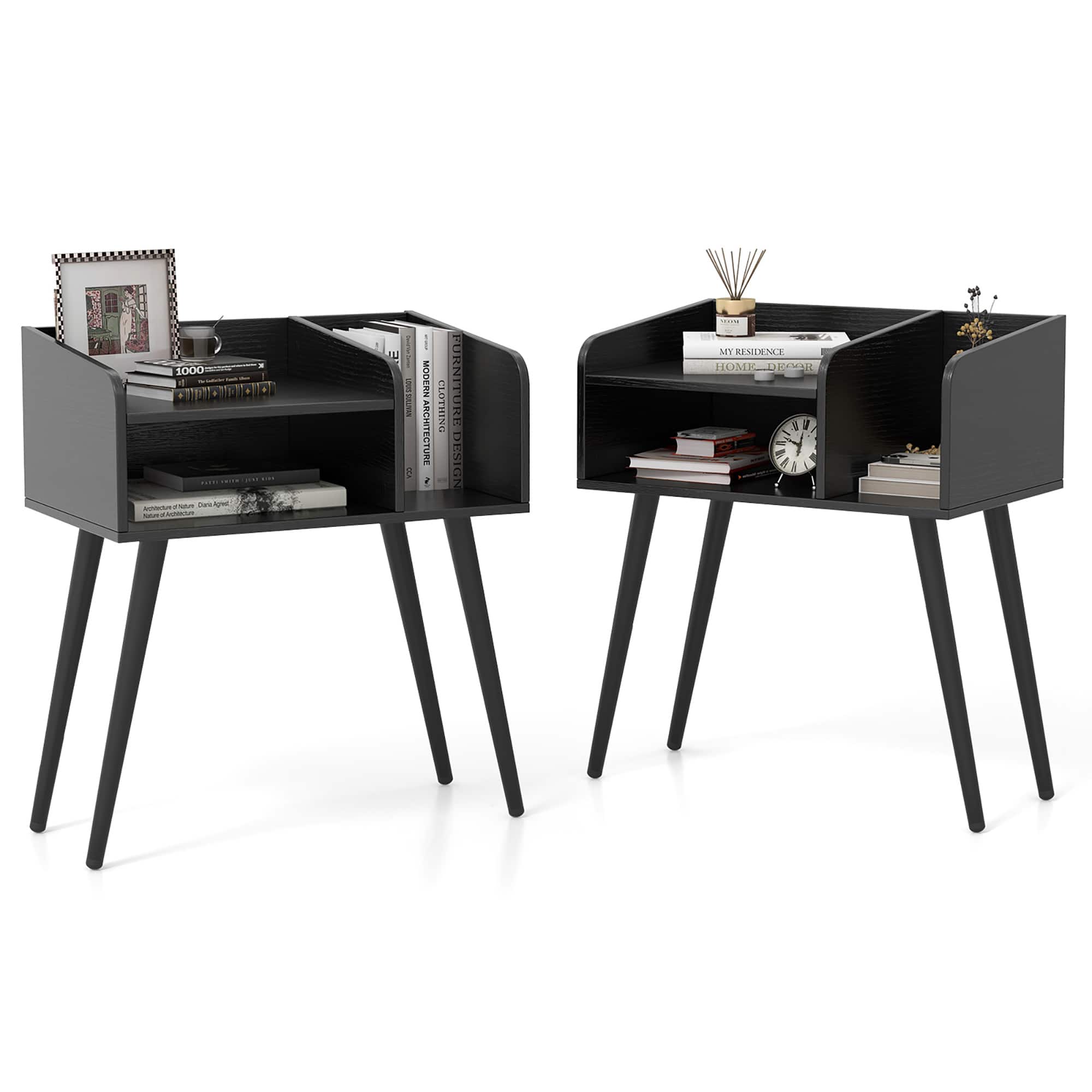 Costway - Set of 2 Mid Century Modern End Table with Open Shelves Metal Support Legs - Black